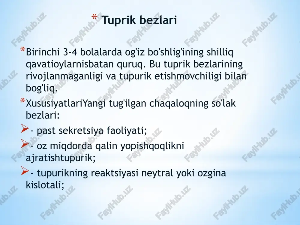 m). ichak burmalari bu sirtni 3 marta, villi esa 10 marta oshiradibir marta.mikrovilli ingichka ichakning sirtini 20 ga oshiradibir marta. o'n ikki barmoqli ichak dan/rhalqasimon shaklga ega (burilishlar keyinchalik hosil bo'ladi). uningboshlanishi va oxiri l darajasida joylashgani. uzunlikdan/r7,5-10 sm va nisbatan sekin ortadiyoshi. dayosh bolalarjuda mobil. burmalaro'n ikki barmoqli ichakning shilliq qavatin/rkatta yoshdagi bolalarga qaraganda pastroq, o'n ikki barmoqli ichak bezlari kichik, kattalarga qaraganda kamroq tarvaqaylab ketgan. jejunum va yon ichak ingichka ichak uzunligining taxminan 2/5 qismini jejunum, 3/5 qismini esa yonbosh ichak egallaydi.ichaklar. dayosh bolalar nisbatan zaiflik haqida xabar berishadiileotsekalklapan, bu bilan bog'liq holda ko'r ichakning tarkibi, bakterial floraga eng boy, yonbosh ichakka tashlanishi mumkin.ichak. inkichkintoyning ingichka ichaklarida nisbatan ko'p miqdorda mavjudgazlar. shilliq qavati yupqa, boyqon tomirlanganva ortdio'tkazuvchanlik. doiraviyyangi tug'ilgan chaqaloqlarda burmalar faqat jejunumning boshlang'ich qismida topiladi va faqat keyinroq distal bo'limlarda paydo bo'ladi. bolalardagi ichak bezlari kattalarnikidan kattaroqdir. shilliq qavatning qalinligida n / r da bitta va guruhli …