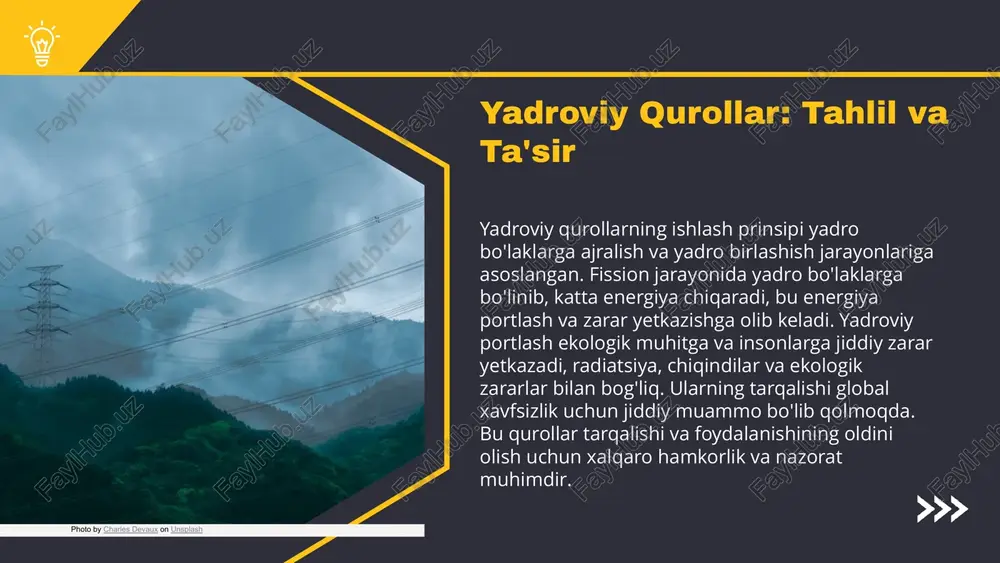 orlik bilan boshqarilishi zarur. yadroviy qurollar xalqaro munosabatlar, kuchlar muvozanati va xavfsizlik siyosatining muhim qismidir. nazorat va kamaytirish uchun xalqaro kelishuvlar, masalan, npt, strategiyalarini qo'llash muhimdir. texnologik va siyosiy omillar risklarni kamaytirish uchun kelajak prognozlarini shakllantiradi. xulosa ommaviy qirg‘in qurollarining turlari, ularning xavf-xatarlari va yo‘qotishlar haqida umumiy fikrlar. yadroviy qurollar, trotil ekvivalenti va yo‘qotishlar bilan bog‘liq muhim nuqtalar. tibbiy taktikalar va xavfsizlik choralari muhim ahamiyatga ega. kelajakda xavfsizlik uchun xalqaro hamkorlik, nazorat mexanizmlari va xavfsizlik texnologiyalarini rivojlantirish zarur. yo‘qotishlar va xavflarni minimallashtirish uchun samarali strategiyalar ishlab chiqilishi lozim. xavfsizlikni ta'minlash asosiy maqsad. xavfsizlikni ta'minlashda strategik reja, texnologik rivojlanish va xalqaro hamkorlik muhim. yo‘qotishlarni kamaytirish va xavf-xatarlarni oldini olish uchun ko‘p tomonlama yondashuvlar va zamonaviy texnologiyalar qo‘llanilishi kerak. muhim takliflar asosiy xulosadir. foydalanilgan adabiyotlar 1. islomov, a. (2020). ommaviy qirg‘in qurollarining turlari va ularning ta'siri. o‘zbekiston milliy universiteti matbuoti. 2. qodirov, b. (2019). yadroviy qurollar va portlash omillari. tarixiy va strategik …