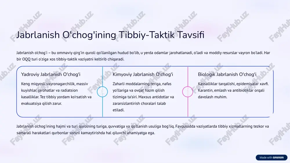 simli havo to'lqini. u binolarni vayron qiladi, odamlarni uloqtirib yuboradi, jarohatlaydi va ichki organlarga zarar yetkazadi. eng kuchli ta'sirga ega omillardan biri. yorug'lik nurlanishi portlash natijasida ajralib chiqadigan yorug'lik va issiqlik energiyasi. u uzoq masofalarga tarqalib, terining kuyishiga, ko'zlarning shikastlanishiga va yonuvchi materiallarning alangalanishiga olib keladi. qurbonlarning ko'pchiligi shu omil tufayli kuyish oladi. ushbu omillar yadroviy portlashning dastlabki soniyalarda yoki daqiqalarda sodir bo'ladi va keng hududlarda ulkan vayronagarchilikka olib keladi. 8 yadroviy portlash omilari: radiativ ifloslanish va elektromagnit impuls yadroviy portlashning yana ikkita muhim shikastlovchi omili radiativ ifloslanish va elektromagnit impulsdir. radiativ ifloslanish portlash paytida hosil bo'ladigan radioaktiv moddalar (chang, gazlar) atrof-muhitga tarqaladi. bu moddalar tuproqni, suvni, havoni va barcha tirik organizmlarni ifloslantiradi. uning ta'siri uzoq muddatli bo'lib, radiatsion kasalliklar, genetik o'zgarishlar va saraton kabi og'ir oqibatlarga olib keladi. radiaktiv yog'ingarchiliklar shamol yo'nalishiga qarab yuzlab, hatto minglab kilometrlarga tarqalishi mumkin. elektromagnit impuls (emi) yadroviy portlash natijasida paydo bo'ladigan kuchli elektr …