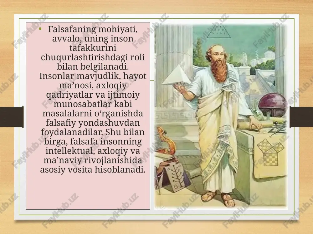 tales, pifagor, gippokrat, sokrat, platon va aristotel kabi olimlarning faoliyati bilan bog‘liq bo‘lib, ularning asarlari hozirgi kunga qadar mantiq, metafizika, etika va tabiatshunoslik asoslarini belgilab bergan. qadimgi yunon falsafasining asosiy xususiyati tabiat hodisalarini inson tafakkuri orqali tushunishga bo‘lgan intilish, haqiqatni izlash va sabab-oqibat munosabatlarini aniqlashga qaratilganligi edi. tales suvni olamning asosiy elementi deb bilgan bo‘lsa, pifagor matematik tartib va sonlar orqali koinotni izohlashga harakat qilgan. shu bilan birga, sokrat axloqiy masalalarga alohida e’tibor qaratgan, inson ruhiyati va axloqiy qadriyatlarni tahlil qilgan. falsafaning asosiy masalalari ong, tafakkur ruh materiya borliq ideallik image7.png image8.png image9.png image10.jpeg image11.jpeg image12.jpeg image13.jpeg image14.jpeg image3.png image4.png /docprops/thumbnail.jpeg