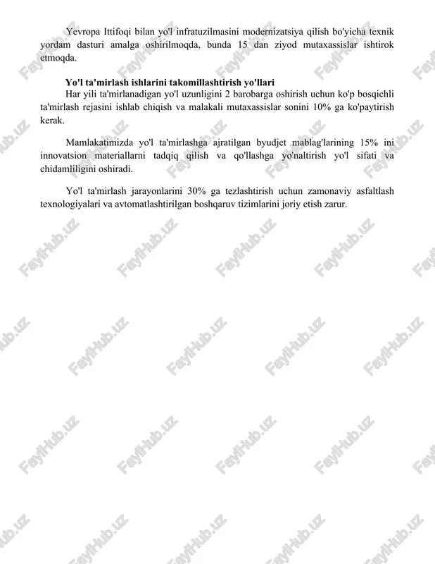 lashga yo'naltirish yo'l sifati va chidamliligini oshiradi. yo'l ta'mirlash jarayonlarini 30% ga tezlashtirish uchun zamonaviy asfaltlash texnologiyalari va avtomatlashtirilgan boshqaruv tizimlarini joriy etish zarur. 📌xulosa yo'l ta'mirlash ishlarini yaxshilash mamlakatimiz iqtisodiyoti va aholi turmush darajasini oshirishda muhim ahamiyatga ega. sifatli yo'llar transport xarajatlarini kamaytiradi va mamlakat iqtisodiy rivojlanishini tezlashtiradi. 📚foydalanilgan adabiyotlar 1. o'zbekiston respublikasi yo'l-transport vazirligining yo'l ta'miri bo'yicha hisobotlari. 2. o'zbekiston respublikasi davlat statistika qo'mitasining yo'l-transport sohasiga oid ma'lumotlari. 3. o'zbekiston respublikasi moliya vazirligining yo'l ta'miriga ajratilgan mablag'lar haqidagi ma'lumotlari. 4
