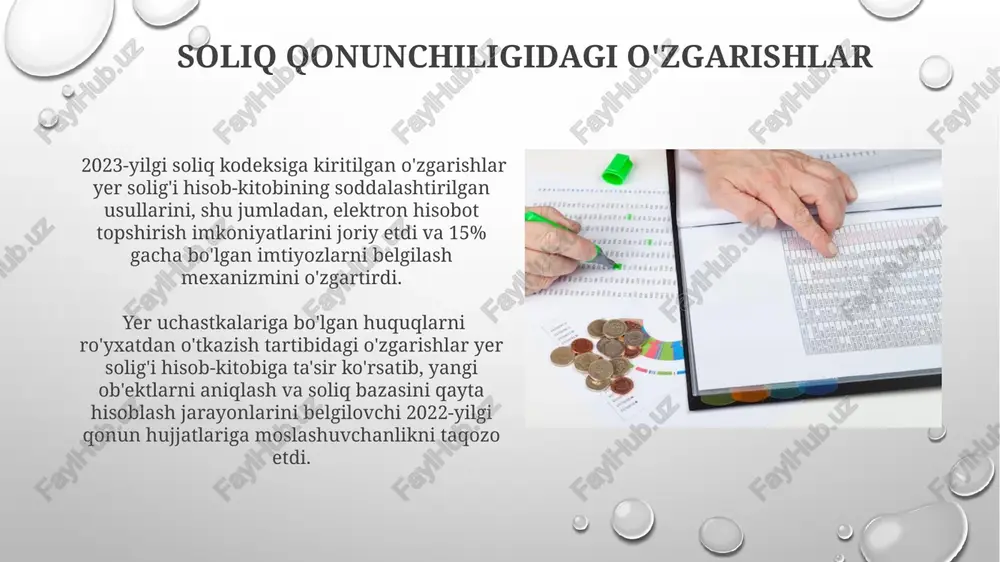 2023-yil uchun to‘langan soliqlarning umumiy summasi va har bir chorak uchun to‘langan miqdorlar ko‘rsatilishi shart. hisobotda yuridik shaxsning to‘liq nomi, tin, manzili va yer uchastkasining kadastr raqami kabi majburiy ma'lumotlarni aniq ko'rsatish zarur. yer uchastkasini baholash usullari daromadlilik usulida er uchastkasidan olinadigan daromadning 10% dan 15% gachasi diskont stavkasini qo'llab hosil bo'ladigan yillik daromad sifatida baholanadi. er maydonini bozor narxlariga asoslab baholash usulida 30 dan ortiq solishtiriladigan ob'ektlarni tahlil qilish va o'rtacha ko'rsatkichlarni aniqlash talab etiladi. muhim atamalar va tushunchalar er solig'i bazaviy hisoblash miqdori har bir er uchastkasining maydoni (kv.m), joylashgan hududi va er turiga (ya'ni, 1-toifa, 2-toifa va h.k.) bog'liq bo'lib, soliq stavkalari ma'muriy-hududiy birliklar kesimida belgilanadi. yuridik shaxslar uchun er solig'ini hisoblashda er uchastkasining kadastr qiymati, soliq solish ob'ekti sifatida, asosiy ko'rsatkich bo'lib xizmat qiladi va bu qiymatga tegishli soliq stavkasi qo'llaniladi. soliq bazasini aniqlash soliq bazasini aniqlash jarayonida, yer uchastkasining maqsadi (masalan, qishloq xo'jaligi, sanoat yoki …