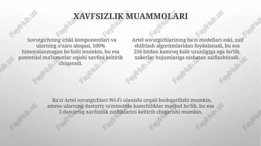 kin, bu esa mahsulotlarning tez buzilishiga olib kelishi mumkin. sovutgichning ichki mexanizmlarida ishlatilayotgan past sifatli komponentlar tufayli, 2-3 yildan keyin nosozliklar, masalan, kompresor yoki termostatning buzilishi kuzatilishi mumkin. artel sovutgichlarining ba'zi modellarida energiya tejamkorligi koeffitsienti (ekk) pasayganligi kuzatilmoqda, bu esa yiliga 20-30% ga ko'proq elektr energiyasi sarfini keltirib chiqarishi mumkin. elektronika komponentlari “elektronika komponentlari”ning 80% dan ortig'i xorijiy ishlab chiqaruvchilardan import qilinadi, bu esa ta'mirlash va ehtiyot qismlarni yetkazib berishda muammolarni keltirib chiqarishi mumkin. artel muzlatgichlarida ishlatilayotgan elektron boshqaruv bloklari o'rtacha 5-7 yil xizmat muddatiga ega bo'lib, ularning ishlash muddatini uzaytirish uchun muntazam texnik xizmat ko'rsatish talab etiladi. ba'zi artel muzlatgichlarida qo'llaniladigan mikroprotsessorlarning past quvvat sarfini ta'minlash uchun energiya tejaydigan texnologiyalar qo'llanilgan, ammo bu texnologiyalarni ta'mirlash murakkab bo'lishi mumkin. e'tiboringiz uchun rahmat @taqdimot_robot image1.png image2.png image3.png
