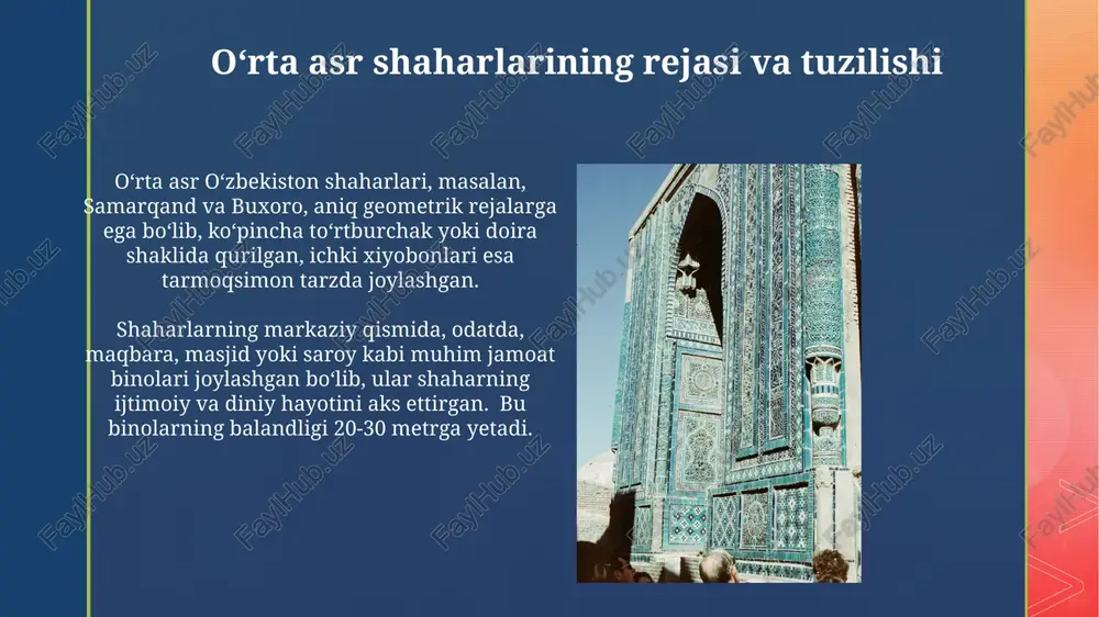 tasdiqlaydi. bibi-xonum masjidi 14-asrda amir temur tomonidan qurilgan boʻlib, uning gumbazi diametri 16 metrdan oshgan, oʻsha davr meʼmorchiligi uchun ulkan hajm hisoblanadi. gumbazlar va ustunlar: oʻzbek meʼmorchiligining asosiy elementlari ustunlarning diametri, balandligi va oʻymakor bezaklari oʻzbek meʼmorchiligining turli davrlarini aks ettiruvchi xususiyatlardir, masalan, timuriylar davri ustunlarida murakkab naqshinkorlik uchraydi. oʻzbek gumbazlarining balandligi 10-30 metrgacha yetishi va ularning koʻpchiligi 16-18 qirrali shaklga ega boʻlishi ularning noyobligidan dalolat beradi. xorazm: choʻl oʻlkalarining meʼmorlik yodgorliklari kunya-urgenchdagi 11-asrga oid turob minorasi, 47 metr balandligi bilan, oʻz davrining yirik muhandislik yutuqlaridan hisoblanadi va gʻisht ishlanmasi bilan mashhur. xorazmning qadimgi shaharlarida, masalan, xiva va urganchda, 11-16-asrlarga oid 100 dan ortiq masjid, madrasa va minoralar saqlanib qolgan. e'tiboringiz uchun rahmat @taqdimot_robot image4.jpg image5.jpg image6.jpg image7.jpg image8.jpg image9.jpg image10.jpg image11.jpg image12.jpg image13.jpg image14.jpg image15.jpg image16.jpg image17.jpg image18.jpg image19.jpg image20.jpg image2.png image3.png