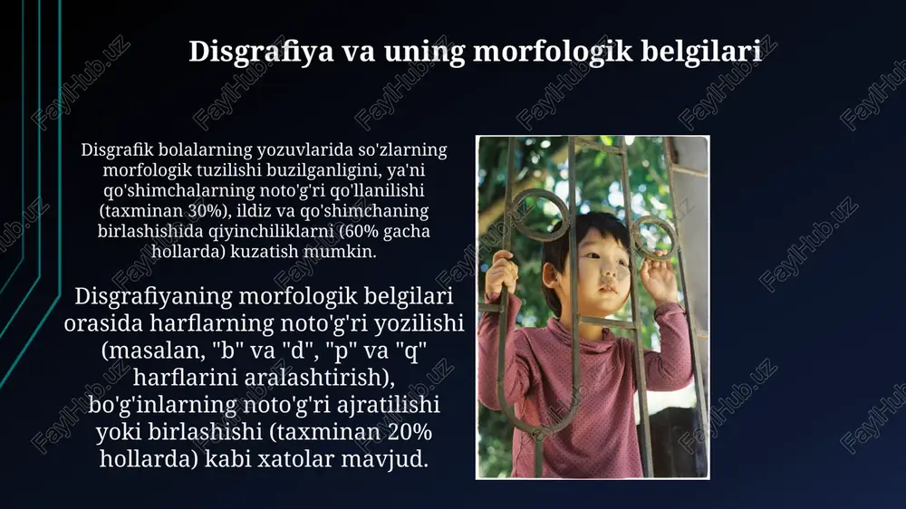 oʻlgan davrda miya tez rivojlanadi, neyronlarning miqdori va ular orasidagi sinapslar soni keskin ortadi, bu esa asosiy morfologik tuzilmalar shakllanishiga olib keladi. 3-7 yosh oraligʻida miya yarim sharlari tez oʻsadi, korteksning frontal va temporal boʻlimlari rivojlanadi, bu nutq, fikrlash va xotira kabi yuqori kognitiv funksiyalarni shakllantirishga ta'sir qiladi. morfologik buzilishlarning sabablari pre- va perinatal davrlardagi asoratlar, jumladan, gipoksiya yoki infektsiyalar, miya tuzilishiga zarar yetkazishi va morfologik buzilishlarning rivojlanishiga hissa qo'shishi mumkin, bu 10% dan ortiq hollarda kuzatiladi. neyrotransmitterlarning nomutanosibligi, masalan, dopamin yoki serotoninning past darajasi, miya rivojlanishiga salbiy ta'sir ko'rsatishi va morfologik buzilishlar, xususan, fonologik jarayonlarning buzilishiga olib kelishi mumkin. e'tiboringiz uchun rahmat @taqdimot_robot image1.jpg image2.jpg image3.jpg image4.jpg image5.jpg image6.jpg image7.jpg image8.jpg image9.jpg image10.jpg image11.jpg image12.jpg image13.jpg image14.jpg image15.jpg
