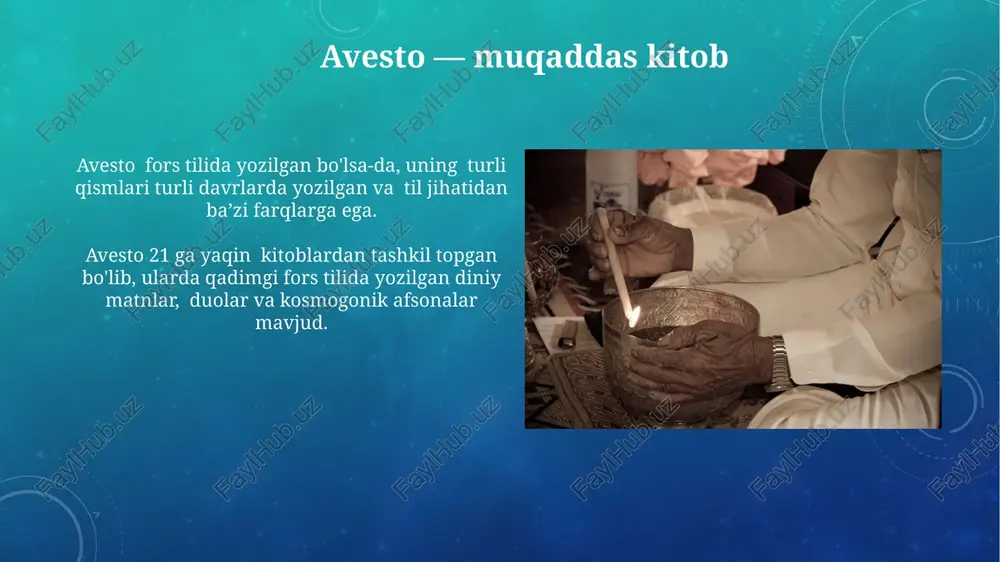ylarning ibodatlari zardushtiylikda 5 ta asosiy ibodat vaqti mavjud bo'lib, har biri quyoshning harakatiga mos ravishda belgilanadi va kun davomida 3 marta "jasna" marosimini o'qish odatiy holdir. olov zardushtiylikdagi muqaddas ramz hisoblanib, ibodatxonalarda "atesh behram" deb nomlangan 7 ta turli manbadan olingan muqaddas olov 1200 yildan ortiq saqlanib kelmoqda va unga ibodat qilinadi. e'tiboringiz uchun rahmat @taqdimot_robot image3.png image4.jpg image5.jpg image6.jpg image7.jpg image8.jpg image9.jpg image10.jpg image11.jpg image12.jpg image13.jpg image14.jpg image15.jpg image16.jpg image17.jpg image18.jpg image19.jpg image20.jpg