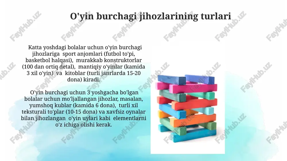 yog'ochdan, mdfdan yoki plastikdan tayyorlangan o'yin elementlarining yuqori sifatli va aniq ishlov berishini ta'minlash mumkin. bu texnologiya 0,5 mm gacha aniqlik bilan murakkab naqshlarni kesish imkonini beradi. ishlab chiqarish jarayoni xom ashyoning sifatini nazorat qilish uchun 5 bosqichli tekshiruv tizimi joriy etilgan bo'lib, bu esa tayyor mahsulotning mustahkamligi va xavfsizlik ko'rsatkichlarining 95% ga oshirish imkonini beradi. rangli qoplamalarni qo'llashda ekologik toza bo'yoqlardan foydalaniladi, bu esa standartga muvofiq 150 dan ortiq rang variantlarini taqdim etadi va allergik reaksiyalarni 99% ga kamaytiradi. materiallarni tanlash va ularning xususiyatlari o'yin burchagi jihozlarini tayyorlashda ekologik toza materiallar, masalan, qayta ishlangan yog'och (taxminan 20% gacha qayta ishlangan) va sertifikatlangan bo'yoqlar (en 71-3 standartiga muvofiq) afzalroq, chunki bu bolalarning sog'lig'ini himoya qiladi. metall konstruktsiyalarni ishlatishda, 1,5 mm dan yupqa bo'lmagan galvanizli po'latdan foydalanish, bardoshlilikni ta'minlash va zanglashning oldini olish uchun juda muhimdir. bu 10 yildan ortiq xizmat muddatini kafolatlaydi. kafolat va texnik xizmat ko'rsatish o'yin burchagi uskunalariga …