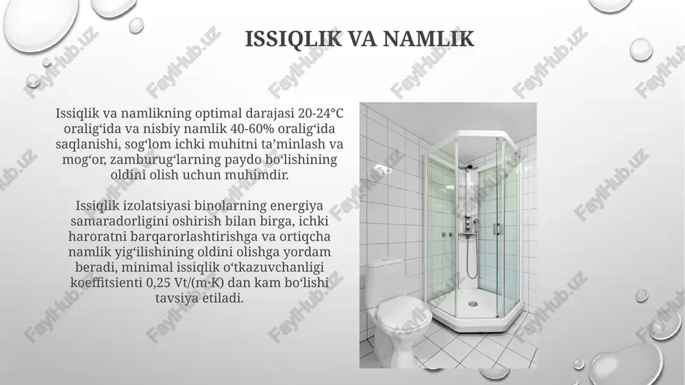 nni egallab, yaxshi yoritish va shamollatish tizimlariga ega bo'lishi lozim. sog'lom turmush tarzini targ'ib qilish maqsadida, har bir uyda o'rtacha 2-3 soat davom etadigan onlayn ta'lim resurslariga kirish imkoniyati va jismoniy mashqlar uchun qulay sharoitlar ta'minlanishi kerak. zamonaviy uy-joylarda sanitariya talablari zamonaviy uy-joylarda kanalizatsiya tizimining samaradorligi 95% dan kam bo'lmasligi kerak, bu esa suv oqishi va bakteriyalar tarqalishining oldini olish uchun muhimdir. uy-joy binolarida havo almashinuvi soatiga kamida 6 marta amalga oshirilishi va havo sifati standartlari (sanitariya me'yorlari bo'yicha)ga javob berishi lozim. atrof-muhitning sanitariya holati toza suv ta'minoti va kanalizatsiya tizimlarining ishonchliligi 99,9% dan kam bo'lmasligi, suv sifati va chiqindi suvlarning tashqi muhitga ta'siri nazorati muhim ahamiyatga ega. zamonaviy uy-joylarda havo almashinuvining soatda kamida 5 marta bo'lishi, ya'ni havo almashinuv tezligi 5 kub metr/soat/kishidan kam bo'lmasligi kerak. e'tiboringiz uchun rahmat @taqdimot_robot image3.png image4.jpg image5.jpg image6.jpg image7.jpg image8.jpg image9.jpg image10.jpg image11.jpg image12.jpg image13.jpg image14.jpg image15.jpg image16.jpg image17.jpg image18.jpg image19.jpg image20.jpg image1.png