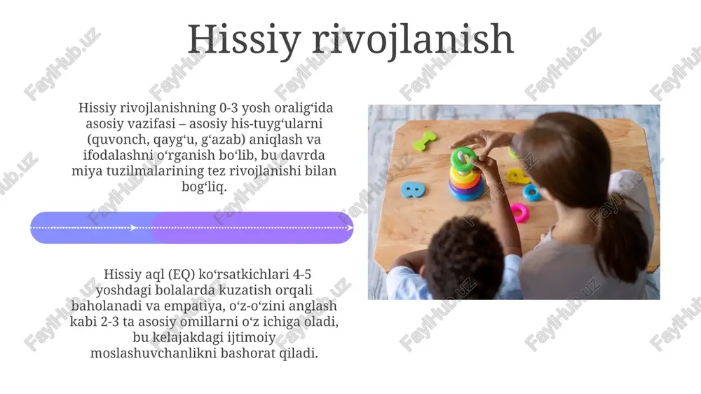 inlar, qo'lda ishlash va hikoya o'qish kabi faoliyatlar juda muhimdir. bolalarda 0-3 yosh oraligʻida miya hujayralari soni keskin ortadi, bu davrda asosiy hissiy va motor qobiliyatlarning rivojlanishi uchun muhim ahamiyatga ega. til rivojlanishi ijtimoiy-emotsional rivojlanish til rivojlanishi bilan chambarchas bogʻliq; masalan, 2 yoshga kelib, bolalar oʻz his-tuygʻularini ifoda etish uchun 150-200 ta soʻzni faol qoʻllashlari mumkin. erta bolalik davrida miya tez rivojlanadi, 0-3 yosh oraligʻida neyronlar orasidagi sinaptik aloqalar soni eksponentsial ravishda ortadi, bu esa kognitiv funksiyalarning rivojlanishiga asos boʻladi. o‘yinning ahamiyati o‘yin, bolaning kognitiv rivojlanishida muhim rol o‘ynab, 2-7 yosh oralig‘ida til rivojiga, muammolarni yechish ko‘nikmalariga va xotira hajmining 30% ga o‘sishiga yordam beradi. o‘yin orqali bolalar dunyoni o‘rganadilar, taxminan 2000 ta yangi so‘z o‘rganib, o‘z tasavvurlarini rivojlantirib, ijodiy qobiliyatlarini 10 barobar oshiradilar. bolalar bog‘chasi va ta’lim ta’lim dasturlarining moslashuvchanligi, bolalarning individual ehtiyojlarini 70% ga qondirish imkoniyatini beradi va ijtimoiy-emotsional rivojlanishni yaxshilaydi. bolalar bog‘chasida erta ta’lim olish, maktabga tayyorgarlik …