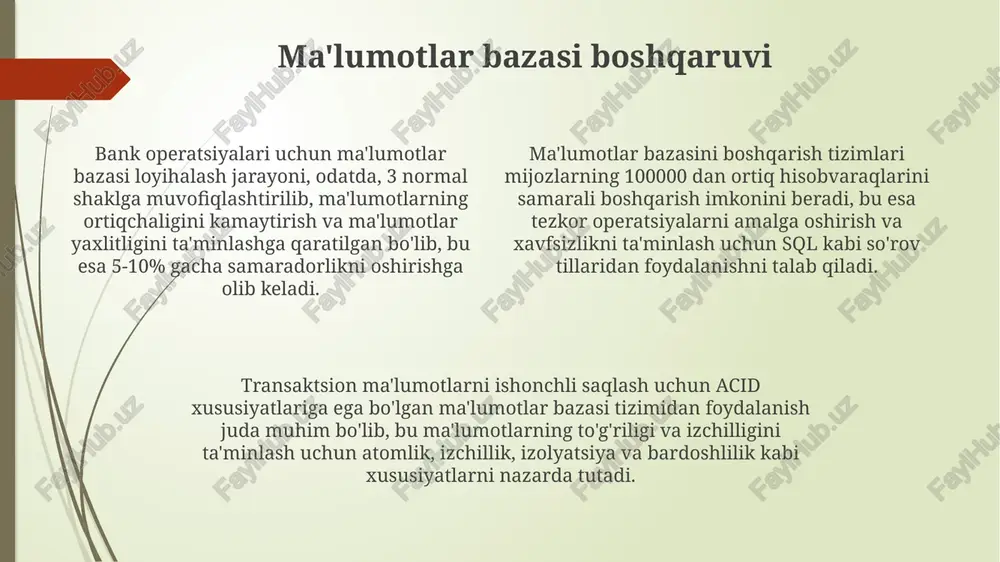 rni qayta ishlashga qodir bo'lishi kerak. hisob-kitob tizimlarining ishlashi uchun yuqori darajadagi ma'lumotlar bazasi boshqaruvi tizimlari (mbbt), masalan, oracle yoki postgresql, va 99,99% ga yaqin ishonchlilik darajasi talab etiladi. hisob-kitob tizimlari xavfsizlikni ta'minlash uchun, 256-bitli aes shifrlash kabi kuchli algoritmlarni va ikki omilli autentifikatsiya kabi qo'shimcha xavfsizlik choralari qo'llaniladi. mobil bank ilovalari mobil bank ilovalari orqali 24/7 pul o'tkazmalari va hisobotlarni ko'rish imkoniyati mavjud bo'lib, o'rtacha 100,000 dan ortiq foydalanuvchilar kunlik operatsiyalarni amalga oshirishadi. ko'pgina mobil bank ilovalari ikki bosqichli autentifikatsiya (2fa) va biometrik tasdiqlash kabi yuqori darajadagi xavfsizlik choralari bilan himoyalangan, bu esa firibgarlik xavfini 90% ga kamaytiradi. o'rtacha mobil bank ilovasi 50 dan ortiq turli xil operatsiyalarni, shu jumladan to'lovlarni amalga oshirish, kreditlarni boshqarish va investitsiyalarni kuzatishni ta'minlaydi. bulut texnologiyalari qo'llanilishi api integratsiyasi orqali bulut platformalari turli xil bank tizimlari bilan osongina birlashtirilishi mumkin, bu esa 100 dan ortiq turli xil xizmatlarni birlashtirib, mijozlarga yanada qulay shart-sharoitlar yaratish …