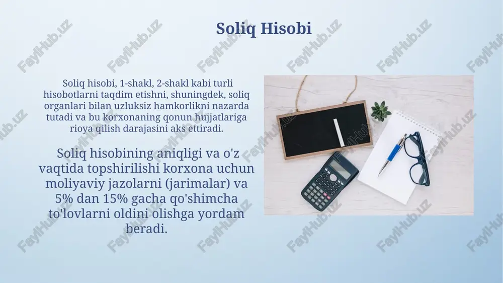 ratsiyalarni (kamida 500 ta harakat) qayd etish orqali korxonaning moliyaviy holatini aks ettiradi. buxgalteriya hisobi, qonunchilikka muvofiq, profit va zararni aniqlash, foyda solig’i stavkasi (masalan, 12%) ni hisoblash kabi vazifalarni bajaradi. kapital va majburiyatlar kapitalning tarkibi o'z kapitali va qarz kapitalini o'z ichiga oladi, bu ularning moliyaviy manbalarining tuzilishini ko'rsatadi, masalan, 3 million so'm o'z kapitali va 2 million so'm qarz kapitali. kapital va majburiyatlar balansdagi asosiy ikki komponent bo'lib, ularning o'zaro bog'liqligi korxonaning moliyaviy holatini aks ettiradi, masalan, 10 million so'mlik aktivlarga 5 million so'mlik kapital va 5 million so'mlik majburiyatlar to'g'ri keladi. moliyaviy hisobotlar moliyaviy hisobotlar korxona faoliyatining 12 oylik davr (yoki boshqa hisobot davri) mobaynida foyda va zararni, aktivlar va majburiyatlar holatini aks ettiruvchi asosiy hujjat hisoblanadi. moliyaviy hisobotlarni tayyorlashda msfi (xalqaro moliyaviy hisobot standartlari) yoki mahalliy standartlar, masalan, 100 dan ortiq hisob rejasi hisobga olinadi, bu hisobotlarning ishonchliligi va solishtirish imkoniyatini ta'minlaydi. e'tiboringiz uchun rahmat @taqdimot_robot …