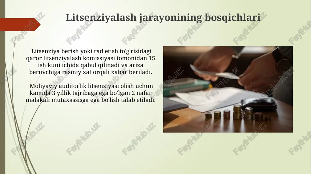 on etilgan. audit faoliyatini litsenziyalash uchun ariza berishda, kamida 3 yillik audit tajribasini tasdiqlovchi hujjatlar va bank auditlari bo'yicha 5 dan ortiq muvaffaqiyatli loyihalar to'g'risidagi ma'lumotlar taqdim etilishi shart. e'tiboringiz uchun rahmat @taqdimot_robot image1.jpg image2.jpg image3.jpg image4.jpg image5.jpg image6.jpg image7.jpg image8.jpg image9.jpg image10.jpg image11.jpg image12.jpg image13.jpg image14.jpg image15.jpg