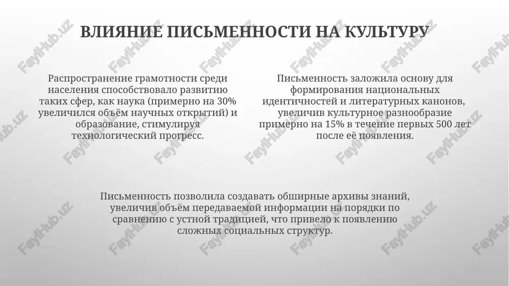 merno: okolo 3200 g. do n.e. v mesopotamii, a v nekotorix regionax afriki — lish spustya tisyacheletiya. rasprostranenie alfavitnoy pismennosti, naschitivayushey okolo 26 znakov v grecheskom variante, privelo k znachitelnomu uskoreniyu protsessa peredachi informatsii. pismennost i obshestvo poyavlenie pismennosti okolo 3200 g. do n.e. v mesopotamii privelo k kodifikatsii zakonov, takix kak kodeks xammurapi, i standartizatsii vesovix i mernix sistem, chto ukreplyalo sotsialniy kontrol. pismennost privela k sozdaniyu bolee slojnix sotsialnix struktur, uvelichiv ob'yom peredavaemoy informatsii na neskolko poryadkov po sravneniyu s ustnimi traditsiyami, chto sposobstvovalo razvitiyu byurokratii i gosudarstvennosti. analiz arxeologicheskix naxodok pokazivaet, chto rasprostranenie gramotnosti v drevnix obshestvax bilo neravnomernim, s elitoy, kontroliruyushey okolo 10-15% gramotnogo naseleniya, chto vliyalo na sotsialnuyu ierarxiyu. egipetskie ieroglifi rannie ieroglificheskie nadpisi, datiruemie primerno 3200 godom do n.e., svidetelstvuyut o visokoy stepeni razvitiya egipetskoy tsivilizatsii i eyo administrativnix struktur, neobxodimix dlya upravleniya slojnim obshestvom. deshifrovka egipetskix ieroglifov, osushestvlyonnaya v 19 veke blagodarya rozettskomu …