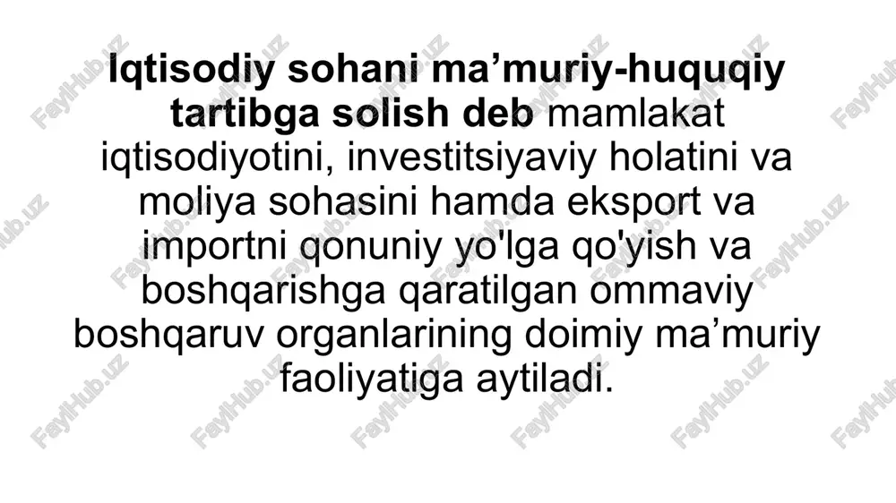 g‘lari oluvchilarni moliyalashtirish, monopolist korxonalarning tovar va xizmatlari uchun narx belgilash, davlat xaridlarini amalga oshirishni tartibga solish, o‘zbekiston respublikasi davlat budjetining strategik makroiqtisodiy ko‘rsatkichlari va parametrlariga erishishni ta’minlash funksiyalarini amalga oshiruvchi vakolatli respublika ijro etuvchi hokimiyat organi hisoblanadi. vazirlik tashkiliy tuzilmasiga (tizimiga) quyidagilar kiradi: • tuman va shaharlar iqtisodiyot va moliya bo‘limlari; • vazirlikning markaziy apparati; • qoraqalpog‘iston respublikasi iqtisodiyot va moliya vazirligi, viloyatlar va toshkent shahar iqtisodiyot va moliya bosh boshqarmalari; a) vazirlik huzuridagi ijro etuvchi hokimiyat organlari: • bojxona qo‘mitasi; • g‘aznachilik xizmati qo‘mitasi; • davlat zaxiralarini boshqarish qo‘mitasi; • kadastr agentligi; • davlat asillik darajasi nazorati inspeksiyasi. b) vazirlik tasarrufidagi tashkilotlar: • budjetdan tashqari pensiya jamg‘armasi; • “axborot texnologiyalari markazi” duk; • budjet-soliq ilmiy tadqiqotlari instituti; • moliya organlari hamda budjet tashkilotlari moliya-hisob bo‘linmalari xodimlarini tayyorlash va qayta tayyorlash o'quv markazi; • tarmoq bozorlari va ishlab chiqarishda mehnat unumdorligi tadqiqotlari markazi; • qishloq xojaligini davlat tomonidan qo‘llab-quvvatlash …