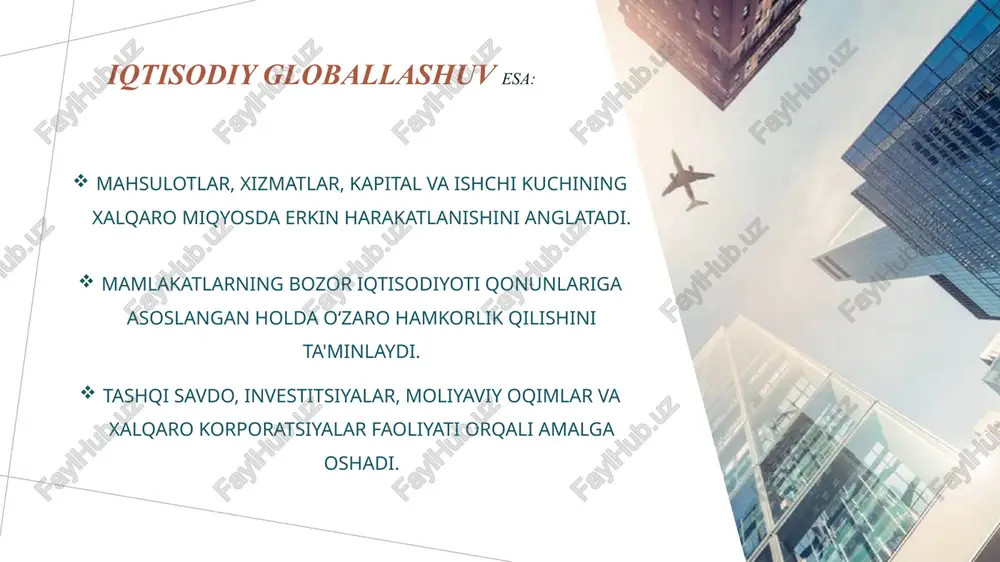 hining o'sishi xalqaro bozorlarning kengayishiga olib keldi. - transport va aloqa: temir yo'llar, kemalar va telgraf kabi yangi transport va aloqa vositalari savdoni va muloqotni sezilarli darajada tezlashtirdi. 12 modernizatsiya bosqichi - global moliya tizimi: 20-asrning boshlarida global moliyaviy muhit rivojlana boshladi. bunga xalqaro banklar va valyuta bozorlarini o'rnatish kiradi. - birlashgan millatlar tashkiloti va xalqaro tashkilotlarning paydo bo'lishi: xalqaro hamkorlikni ta'minlash maqsadida tashkilotlarning rivojlanishi. bu umumiy siyosiy, ijtimoiy va iqtisodiy barqarorlikka xizmat qildi. global integratsiya bosqichi - savdo bloklari: yevropa ittifoqi, nafta kabi savdo bloklarining tashkil etilishi. ular regional iqtisodiy integratsiyani kuchaytirdi. - texnologik inqilob: axborot texnologiyalari va internetning rivojlanishi global aloqa va savdo jarayonlarini yanada tezlashtirdi. 13 davos bosqichi - global muammolar va hamkorlik: iqlim o'zgarishi, iqtisodiy notenglik kabi global muammolarga qarshi kurashda xalqaro hamkorlik muhim ahamiyat kasb etadi. - kompaniyalar va xalqaro savdoni boshqarish: katta korporatsiyalar xalqaro bozorda o'z ta'sirini kuchaytiradi, bu esa iqtisodiy globallashuvni davom ettiradi. …