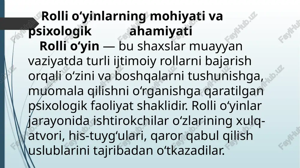 lar esa bu jarayonni tizimli tarzda amalga oshirib, shaxsni psixologik jihatdan mustahkam, ijtimoiy faol va maqsadga yo‘naltirilgan inson sifatida shakllantiradi. shunday qilib, rolli o‘yinlar va treninglar psixologik amaliyotda nafaqat ta’limiy, balki terapevtik, tarbiyaviy va korreksion ahamiyatga ega bo‘lgan kuchli metodlardan biri hisoblanadi. foydalanilgan adabiyotlar: karimova v.m. amaliy psixologiya. – toshkent: o‘zbekiston, 2019. g‘oziev e. g. psixologiya asoslari. – toshkent: o‘zbekiston milliy universiteti nashriyoti, 2020. axunjonov b. psixologik treninglar nazariyasi va amaliyoti. – toshkent, 2017. a.a. bodalev. kommunikativ psixologiya. – moskva, 2005. www.pedagog.uz www.ziyouz.com e’tiboringiz uchun rahmat! /docprops/thumbnail.jpeg