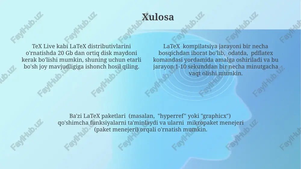 r boshlanuvchilar uchun juda mos keladi, chunki ular minimal funksiyalar bilan 2-3 mb atrofida kichik hajmga ega. texstudio yoki texmaker kabi kuchliroq idelar avtotugallanish, kodni formatlash va 50 dan ortiq plaginlarni qo'llab-quvvatlash kabi ilg'or xususiyatlarni taklif etadi. zarur paketlarni yuklash ba'zi paketlarni o'rnatishda bog'liqliklar (dependencies) muammosi yuz berishi mumkin, masalan, 5 ta paketdan 3 tasi bir-biriga bog'liq bo'lsa, barchasini bir vaqtning o'zida o'rnatish zarur. tex live kabi katta tarqatilgan paketlarni o'rnatishda 20 gb dan ortiq disk maydoni kerak bo'lishi mumkin, shuning uchun oldindan joy ajratish muhim. miktex kabi paket menejeri yordamida kerakli paketlarni aniq nomlari bilan yoki matematika, grafikalar kabi kalit so'zlar bilan qidirishingiz va taxminan 100 dan ortiq paketni tanlashingiz mumkin. tex live yoki miktex o'rnatish miktex, tex live’ga nisbatan, o‘rnatish hajmi jihatidan ancha ixcham va 200 mb dan kam joy egallaydi, ammo kerakli paketlarni keyinchalik qo‘lda yuklab olish talab qilinishi mumkin. tex live yoki miktex’ni o‘rnatishda 2 gb …