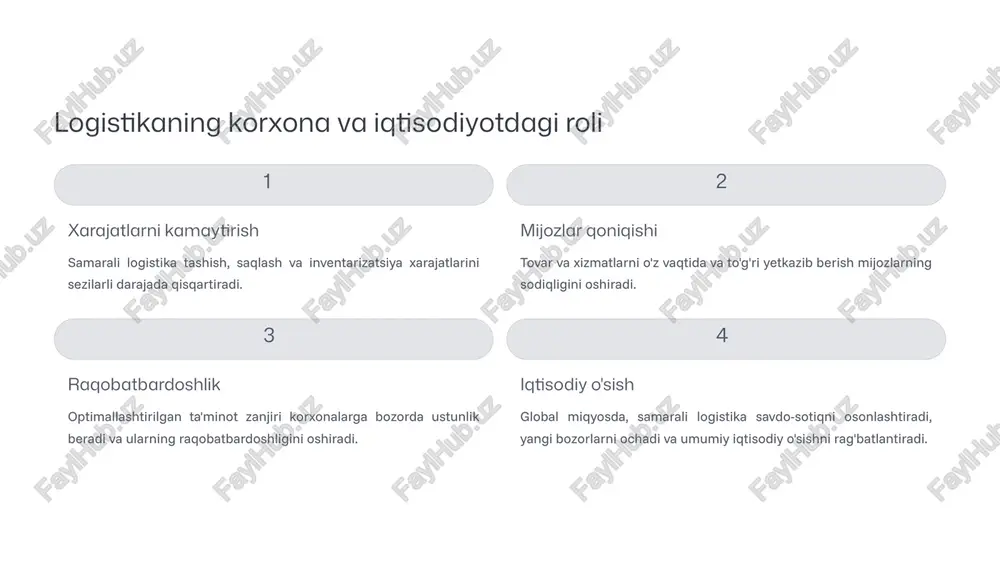 zmat qiladi. bu tamoyillar logistika zanjirining har bir bosqichida samaradorlik, moslashuvchanlik va optimal natijalarni taʼminlashga qaratilgan. 1 tizimli yondashuv logistika jarayonlarini yagona, o‘zaro bog‘liq tizim sifatida ko‘rib chiqish. har bir elementning umumiy maqsadga qanday hissa qo‘shishini tushunish. 2 muvofiqlashtirish turli bo‘limlar, hamkorlar va taʼminot zanjiri ishtirokchilarining harakatlari va resurslarini uyg‘unlashtirish. optimallashtirish xarajatlar, vaqt, resurslar sarfini minimal darajaga tushirish va shu bilan birga xizmat sifatini maksimal darajada saqlash. 4 moslashuvchanlik bozor talablari, texnologiyalar yoki kutilmagan vaziyatlar o‘zgarishlariga tezkor va samarali javob berish qobiliyati. ushbu tamoyillarni qo‘llash korxonalarga o‘z logistika tizimlarini doimiy ravishda takomillashtirishga va o‘zgaruvchan bozor sharoitlariga moslashishga yordam beradi. zamonaviy logistika: raqamli transformatsiya bugungi kunda logistika sanoati misli ko‘rilmagan raqamli transformatsiya davrini boshidan kechirmoqda. axborot texnologiyalari va innovatsiyalar logistika jarayonlarini yanada samarali, shaffof va moslashuvchan qilmoqda. axborot texnologiyalari: jarayonlarni avtomatlashtirish, jumladan, buyurtmalarni qayta ishlash, inventarizatsiyani boshqarish va yuklarni kuzatish uchun erp (enterprise resource planning), wms (warehouse management system) va tms …