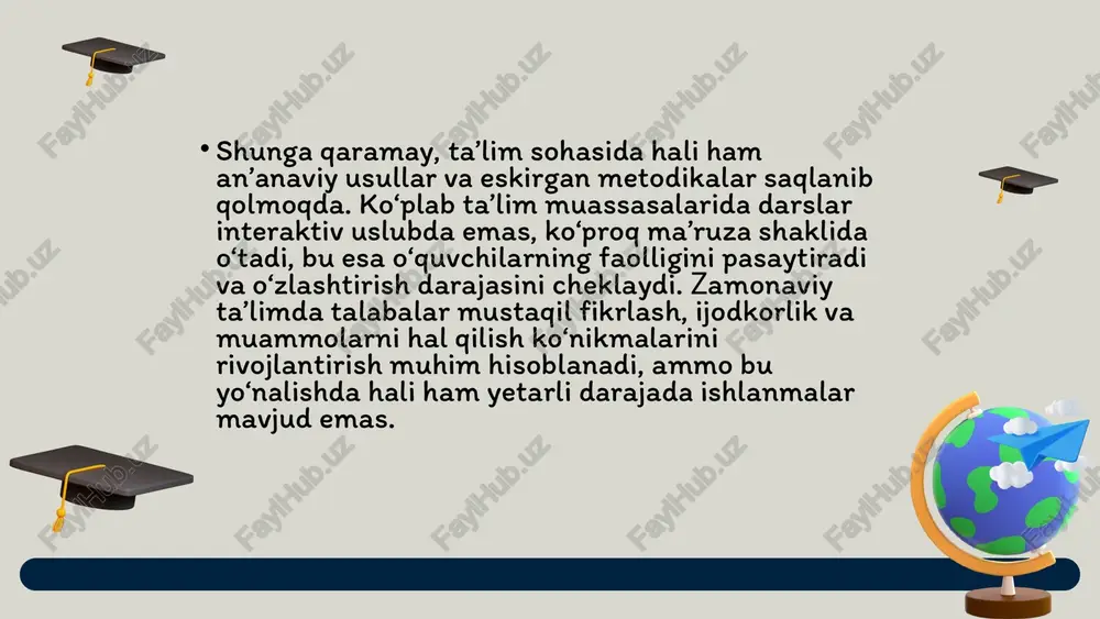 emas, balki u bilimni hayotda to‘g‘ri qo‘llash uchun to‘g‘ri tarbiyaga ega bo‘lish zarur. maktab va universitetlarda ta’lim jarayoni bilan bir qatorda ma’naviy-ma’rifiy ishlar, yoshlarni sog‘lom turmush tarziga, ijtimoiy faollikka yo‘naltirishga qaratilgan tadbirlar o‘tkazilishi muhim. tarbiyaviy ishlar markaziy o‘rinda turishi, ta’lim bilan birga olib borilishi kerakligi tarbiya nafaqat maktabda, balki oilada, jamiyatda, madaniy va sport muassasalarida ham birdek olib borilishi kerak. tarbiyaviy ishlarni mustahkamlash uchun prezident tomonidan maxsus dasturlar ishlab chiqilgan, ular yoshlarning ijtimoiy faolligini oshirishga xizmat qiladi. tarbiya — bu milliy merosni avlodlarga yetkazish, yoshlarni hayotga tayyorlash va jamiyatda ijobiy o‘zgarishlar kiritish vositasidir. kelajak istiqbollari va takliflar 1. ta'lim sohasida rivojlanish uchun yangi imkoniyatlar texnologik yutuqlardan foydalanish: sun’iy intellekt, virtual va kengaytirilgan haqiqat (vr/ar) kabi ilg‘or texnologiyalar ta’lim jarayonini yanada interaktiv va samarali qiladi. xalqaro hamkorlik: ta’lim standartlarini xalqaro darajada uyg‘unlashtirish, chet ellik mutaxassislarni jalb qilish va talabalar almashinuv dasturlarini rivojlantirish. moslashuvchan ta’lim shakllari: individual ta’lim yo‘nalishlari, onlayn kurslar va …
