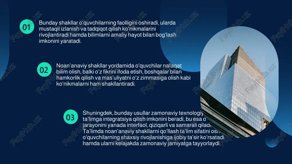 – bu muayyan mavzu bo‘yicha guruhda o‘tkaziladigan suhbat va fikr almashishdir. seminarda o‘quvchilar o‘z fikrlarini erkin ifoda etadi, mavzu yuzasidan turli nuqtai nazarlarni tinglaydi va tahlil qiladi. seminarlar o‘quvchilarning muloqot ko‘nikmalarini, tanqidiy fikrlashni rivojlantiradi hamda jamoaviy ishlashga o‘rgatadi. seminarlar va treninglar treninglar esa ko‘proq amaliy ko‘nikmalarni shakllantirishga qaratilgan mashg‘ulotlardir. treninglarda talabalar interaktiv usullar orqali turli vaziyatlarni o‘rganadi, muammolarni hal qilishni, liderlik, vaqtni boshqarish va stressni boshqarish kabi ko‘nikmalarni rivojlantiradi. treninglar o‘quvchilarni faol ishtirokchi qilib, ularda mustaqil qaror qabul qilish va ijodkorlik qobiliyatlarini oshiradi. elektron va masofaviy ta’lim zamonaviy texnologiyalar yordamida o‘quvchilar masofadan turib ta’lim oladi. bu usulda vebinarlar, onlayn kurslar, virtual sinflar, ta’lim platformalari va interfaol darslar keng qo‘llaniladi. masofaviy ta’lim o‘quvchilarga o‘z vaqtini mustaqil boshqarish, joylashuvdan qat’iy nazar ta’lim olish imkonini beradi. elektron ta’lim vositalari orqali o‘quvchilar o‘zlashtirish sur’atini sozlashlari, kerakli materiallarni qayta ko‘rib chiqishlari va turli multimedia resurslari yordamida bilimlarni yanada chuqurroq egallashlari mumkin. elektron va masofaviy ta’lim …