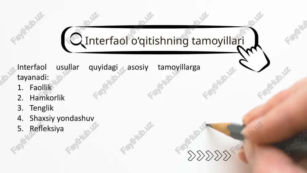 hlardan keyin har bir talaba o‘zining ishtirokini baholaydi: qanday fikr bildirdi, qanday hissa qo‘shdi, qanday muammoga duch keldi. talaba bilimni chuqurroq o‘zlashtiradi, o‘z o‘rganishiga ongli yondashadi o‘zining kuchli va zaif tomonlarini aniqlaydi xatoni tan olishdan qo‘rqmaydi, undan saboq oladi o‘z-o‘zini boshqarish, rejalashtirish, tuzatish ko‘nikmalari shakllanadi doimiy rivojlanishga intiladi refleksiyaning foydasi muammo yoki mavzu tanlanadi. masalan: “atrof-muhitni muhofaza qilish yo‘llari” yoki “internetning ijobiy va salbiy tomonlari”. talabalar kichik guruhlarga bo‘linadi yoki butun sinf bilan umumiy ishlanadi. vaqt belgilanadi: odatda 5–10 daqiqa davomida erkin fikrlar bildiriladi. “aqliy hujum” (brainstorming) talabalar o‘z fikrlarini navbat bilan, erkin ravishda aytadi. – har qanday fikr qabul qilinadi, hatto kulgili yoki noodatiy bo‘lsa ham. – bu bosqichda hech qanday tanqid yoki baholash yo‘q! fikrlar doskaga yozib boriladi yoki stiker, varaqlarda jamlanadi. . “aqliy hujum” (brainstorming) o‘qituvchi matn (maqola, paragraf, maqom, ilmiy izoh va h.k.) beradi. talabalar matnni o‘qish davomida quyidagi belgilarni qo‘yib boradi: “+” “-” “?” “!” …