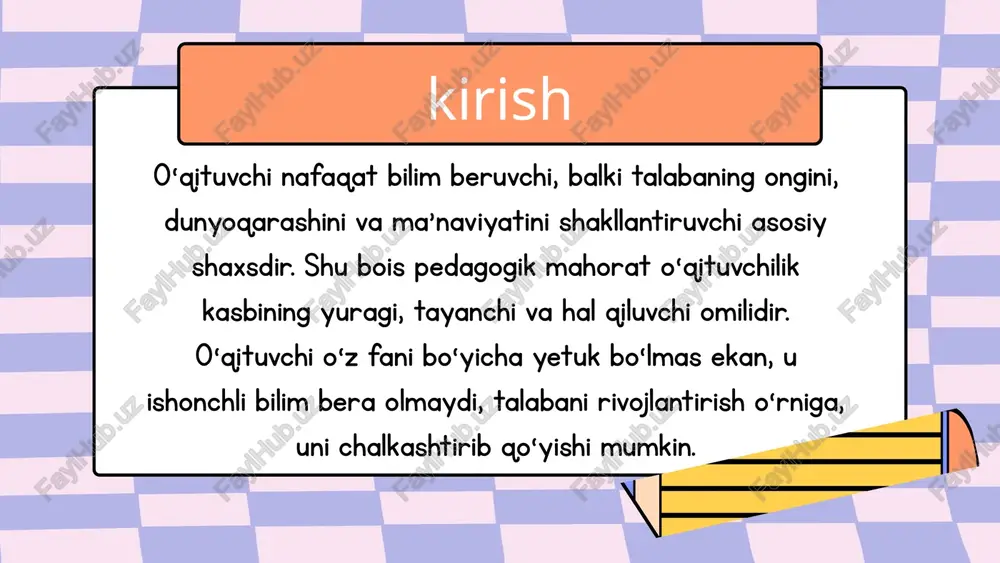 ilan qarash, tinglash va tushunishga intilish. ochiklik va samimiylik - gapni aniq, ochiq va samimiy tarzda ifoda etish, o‘z fikrini shaffof yetkazish. tinglash madaniyati - faol tinglash, boshqalarning fikrini to‘liq tushunishga harakat qilish, so‘zini kesmaslik. asosiy xususiyatlari empatiya (hamdardlik) - boshqalarning hissiyotlarini tushunish, ular bilan ruhiy bog‘lanish va munosabatda bo‘lish. axloqiy etik qoidalar - so‘zlashishda xushmuomala, odobli bo‘lish, haqorat va tanqidni cheklash. konfliktlarni hal qilish qobiliyati - nizolar yuzaga kelganda ularni tinch yo‘l bilan, muloqot orqali hal eta olish. didaktik mahorat didaktik mahorat — bu o‘qituvchining o‘quv materialini tizimli, tushunarli, ilmiy asoslangan tarzda, yosh va psixologik xususiyatlarga mos ravishda yetkazish qobiliyatidir.yaxshi didaktik mahoratga ega o‘qituvchi materialni oddiydan murakkabga, konkretdan abstraktga, nazariyadan amaliyotga qarab bosqichma-bosqich yetkazadi. bu orqali talaba bilimni faqat yodlamaydi, balki tushunadi, tahlil qiladi, qo‘llay oladi. didaktik mahorat didaktik mahortga quyidagilar kiradi: o‘quv jarayonini rejalashtirish; dars maqsadini aniq belgilash; fanlararo bog‘liqlikni ta’minlash; iinterfaol metodlardan foydalanish; natijalarni baholash. innovatsion yondashuv …