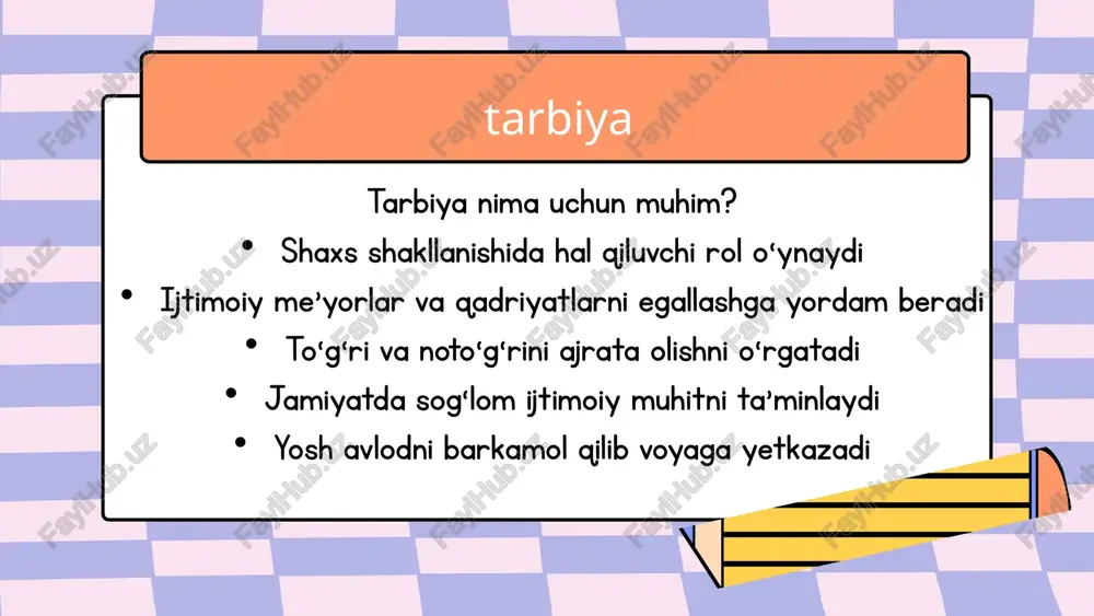a’sirlar 3. internetdagi zararli kontent nojo‘ya ma’lumotlar, zo‘ravonlik, g‘arazli qarashlar yoshlarning ongiga salbiy ta’sir ko‘rsatadi. ko‘p vaqt internetda o‘tkazish, yomon odatlar rivojlanishi va ijtimoiy izolyatsiyaga olib keladi. ruhiy zo‘riqish, ishonchsizlik, tashvishlarning paydo bo‘lishiga sabab bo‘ladi. salbiy ta’sirlar oldini olish yo‘llari nazorat va monitoring ota-onalar va tarbiyachilar yoshlarning harakatlarini va internetdagi faoliyatini nazorat qilishi kerak. texnologik vositalar yordamida zararli kontentga kirishni cheklash. salbiy ta’sirlarni oldini olish ijtimoiy-psixologik xizmatlar maktab va jamoalarda psixologik yordam ko‘rsatish, stress va muammolarni aniqlash va bartaraf etish. muloqot, maslahatlar orqali yoshlarning ruhiy salomatligini mustahkamlash. salbiy ta’sirlarni oldini olish 3. tarbiyaviy suhbatlar va maslahatlar yoshlar bilan doimiy suhbat olib borish, ularni to‘g‘ri qadriyatlar bilan tanishtirish. salbiy ta’sirlardan himoyalanish uchun maslahatlar berish, ongli va mas’uliyatli qarorlar qabul qilishga o‘rgatish. salbiy ta’sirlarni oldini olish salbiy omillar tarbiyaga zarar yetkazishi mumkin, ammo ularni oldini olish uchun zamonaviy va tizimli choralar ko‘rish zarur. bu jarayonda ota-ona, maktab, jamiyat va mutaxassislarning hamkorligi muhimdir. …