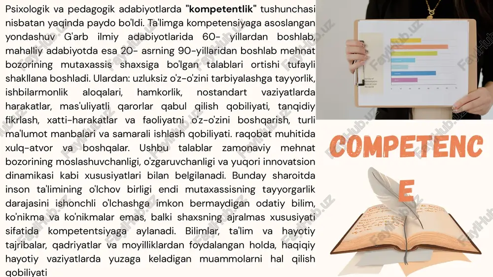 ntlik negizida psixologik, metodik, informatsion, kreativ, innovatsion va kommunikativ kompetentlik ko’zga tashlanadi. texnologik kompetentlik kasbiy-pedagogik bkmni boyitadigan ilg’or texnologiyalarni o’zlashtirish, zamonaviy vosita, texnika va texnologiyalardan foydalana olish. ektremal kompetentlik favqulotda vaziyatlar (tabiiy ofatlar, texnologik jarayon ishdan chiqqan)da, pedagogik nizolar yuzaga kelganda oqilona qaror qabul qilish, to’g’ri harakatlanish malakasiga egalik. shaxsiy kompetentlik – izchil ravishda kasbiy o’sishga erishish, malaka darajasini oshirib borish, kasbiy faoliyatda o’z ichki imkoniyatlarini namoyon qilishdir. oʻqituvchining kasbiy kompensatsiyasining shaxsiy komponenti bu oʻqituvchining kasbiy faoliyatidagi ruhiy, hissiy yoʻqotishlarini tiklash hisoblanadi. kompetentlik – shaxs ustanovkalari va ma’naviy qadriyatlari, shaxsiy psixologik xususiyatlar tizimiga asoslanuvchi, o‘zaro bir-biriga yaqin ijtimoiy kompetensiyalar majmuasi bo‘lib, o‘qituvchilarning kasbiy kompetentligi shakllanishiga va turli ijtmoiy rollarni samarali bajarishga imkoniyat beradi. o‘qituvchilarning kasbiy kompetentligi pedagogik faoliyatni amalga oshirish jarayonida bilimlarga qadriyatlarga asoslanib rivojlanib boradi. asosiy komponentlarga ichki motivatsiya, kasbiy rivojlanish, stressga bardoshlilik, oʻzini anglash va baholash kabilar kiradi o'qituvchi kompetentsiyasida axloqiy mulohazalar o'qituvchining kasbiy kompetentsiyasining tuzilishi o'z vazifalarini …