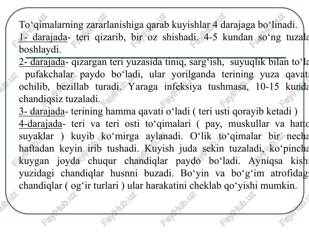 ining qaynatmasi yordamida yumshatish va ko‘chirish mumkin. shuningdek, quritib, maydalangan qirqbo‘g‘in o‘ti jarohatning tezroq, chandiqlarsiz bitishiga yordam beradi. buning uchun o‘tni yaraga qalin qilib sepilib, ustiga karam yoki turp bargi qo‘yiladi va bint bilan bog‘lanadi. bog‘lam kuniga bir-ikki marta almashtiriladi. kuyish - yuqori harorat, kimyoviy moddalar, elektr toki va radioaktiv nurlar ta’sirida to’qimalarning shikastlanishi. shunga ko’ra termik kuyish va kimyoviy moddalar va nurlar ta’sirida kuyish farqlanadi. turmush va ishlab chiqarishda yuqori tempratura ta’sirida kuyish ya’ni, termik kuyish ko’p uchraydi. kuyishlar. to’qimalarning zararlanishiga qarab kuyishning 4 darajasi farqlanadi. 1- darajali kuyish. 2- darajali kuyish. iii. 3- darjali kuyish. iv. 4- darajali kuyish. yuqori harorat (termik kuyish) kimyoviy moddalar (kimyoviy), elektr toki (elektrdan) va nur energiyasi (nurdan) ta’siridan kelib chiqqan to‘qimalarning shikastlanishiga kuyish, deyiladi. kuchli kuyishlarda bemorda jiddiy umumiy buzilishlar kuzatiladi va kuyish kasalligi rivojlanadi. termik kuyish badanga yuqori harorat (alanga, qaynagan suv, yonib turgan va issiq suyuqliklar, gazlar, cho‘g‘ bo‘lgan va …