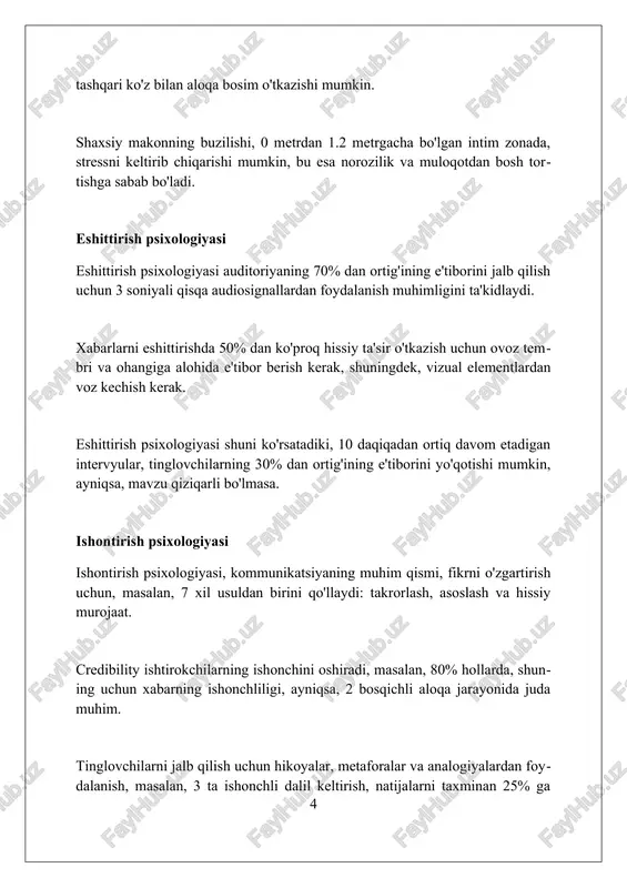 'tkazish uchun 1940-yillarda payn fund tadqiqotlaridan boshlab, tashviqotning psixologik ta'sirini o'rganadi. ushbu soha, kognitiv dissonans nazariyasini qo'llab, auditoriyaning mavjud ishonchlari bilan 2 xil xabarlar o'rtasidagi ziddiyatlarni hal qilish usullarini tahlil qiladi. ommaviy axborot vositalarining framing effekti 2003-yilda ta'kidlangan bo'lib, auditoriyaning xabarlarni qabul qilishiga va 6 ta asosiy emotsiya orqali fikrlashiga ta'sir ko'rsatadi. raqamli kommunikatsiya psixologiyasi raqamli kommunikatsiyada kognitiv yuklama ortishi e'tiborni kamaytiradi. foydalanuvchilar qisqa xabarlarni afzal ko'radi, bu esa 140 belgidan kam bo'lgan tvitlar 30% yuqori ko'rsatkichga ega. onlayn o'zlik namoyishi psixologik ta'sirga ega. ijtimoiy tarmoqlarda ideal shaxsiyatni yaratish, real hayotda 40% gacha norozilik hissini keltirib chiqarishi mumkin. raqamli muloqotdagi anonimlik cyberbulling xavfini oshiradi. tadqiqotlar shuni ko'rsatadiki, anonim foydalanuvchilar 55% ko'proq haqoratli xabarlar yozishga moyil. samarali kommunikatsiya ko'nikmalari samarali kommunikatsiya ko'nikmalari, 7 foiz verbal, 38 foiz vokal va 55 foiz tananing tili orqali amalga oshiriladi, bu nonverbal signallarning ahamiyatini ko'rsatadi. empatiya, faol tinglash va aniq ifodalash kabi 'samarali kommunikatsiya ko'nikmalari' …