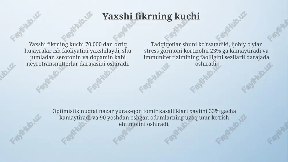 7 ta muvaffaqiyatga erishishiga turtki beradi va uning ongida kamida 3 ta muhim hayotiy tamoyilni shakllantiradi. xulosa: kelajak uchun yaxshi amal va fikr kelajakda 10-15 yildan so'ng, yaxshi amallar va fikrlar ijtimoiy barqarorlikni oshirishi, resurslardan oqilona foydalanishni rag'batlantirishi hamda innovatsion echimlarni yaratishi mumkin. yaxshi fikrlar va amallar 2030 yilga borib, atrof-muhitni muhofaza qilishning 7 ta asosiy yo'nalishi bo'yicha sezilarli o'sishga erishishga yordam beradi, shu jumladan chiqindilarni kamaytirish. kelgusi 5 yilda har bir fuqaroning yaxshi amali va fikri jamiyatdagi o'zaro yordam koeffitsientini 0.5 dan 0.7 gacha oshirishi mumkin, bu esa birdamlikni kuchaytiradi. e'tiboringiz uchun rahmat image4.png image3.jpeg