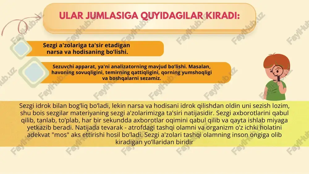bi va organizmning tashqi shilliq pardalarida joylashganligidadir. tuyish sezgilari ikki xil axborotni qabul qilish imkoniyatiga ega bo’lib, birinchisi tegish va tarqalishini tuyish sezgilari, ikkinchisi esa silliq yoki g’adir - budurni tuyish bilan tavsiflanadi. muskul - harakat sezgilari, statik sezgilar muskul-harakat sezgilari motor sezgilar deb nomlanib, ularga og’irlikni, qarshilikni, organlar harakatini bilish sezgilari kiradi. ularning organlari-gavda muskullari, paylar, bo’g’imlardan iboratdir. organlarning tarkibida sezuvchi nervlarning chekka tarmoqlari mavjud bo’lib, ularning ta'sirida harakat va statik sezgilar vujudga keladi.