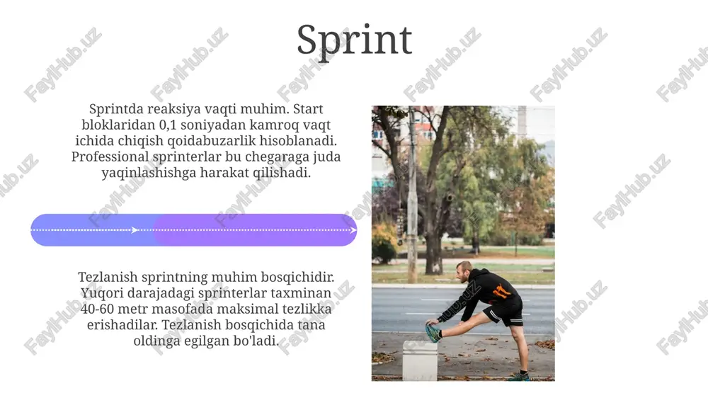 eyin esa kamroq intensivlikdagi tiklanish davrlarini oʻz ichiga oladi, masalan, 400 metrlik sprint va 200 metrlik yugurish. fartlek mashgʻuloti fartlek mashgʻuloti interval mashqlari hisoblanadi, unda sportchi tezlik va intensivlikni rejalashtirilgan 10 daqiqadan 45 daqiqagacha boʻlgan davrda oʻzgartiradi. bu mashqlar anaerobik chidamlilikni oshirish uchun 70-80% maksimal yurak urish tezligida, 30 sekunddan 5 daqiqagacha boʻlgan yuqori intensivlikdagi spurtlarni oʻz ichiga oladi. togʻda yugurish togʻda yugurishda vertikal masofa muhim: har 300 metr balandlikka koʻtarilish, tekislikdagi 1 kilometrga teng kuch sarflashni talab etadi. togʻlarda yugurish texnikasi turlicha: masalan, qiyaliklarda 'v-step' usuli muvozanat va energiya tejashga yordam beradi. e'tiboringiz uchun rahmat image4.png image5.jpg image6.jpg image7.jpg image8.jpg image9.jpg image10.jpg image11.jpg image12.jpg image13.jpg image14.jpg image15.jpg image16.jpg image17.jpg image18.jpg image19.jpg image20.jpg image21.jpg image1.jpeg image2.jpeg image3.jpeg