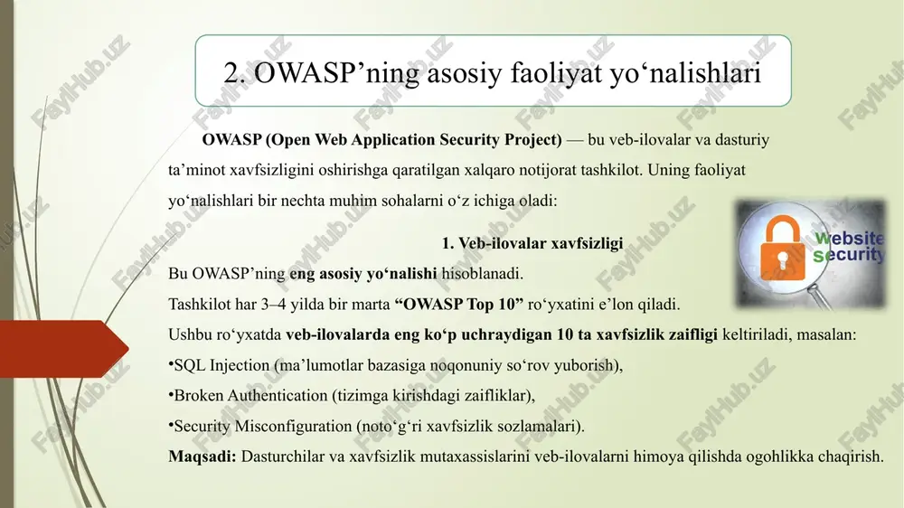 buzilgan saytlar internetda juda keng tarqalgan. autentifikatsiya buzilishi odatda saytning autentifikatsiya mexanizmidagi mantiqiy muammolar, masalan, foydalanuvchining tizimdagi sessiyalarini yomon boshqarish bilan bog'liq. 8. software and data integrity failures - dasturiy ta'minot va ma'lumotlar yaxlitligidagi xatolar ya’ni dastur ishonchsiz manbadan fayl, kod yoki ma’lumot yuklab oladi, lekin o‘zgartirilmaganini yoki zararsizligini aniqlamaydi.natijada hujumchi zararli (virusli) kodni joylashtirib, tizimni egallab olishi mumkin. haqiqiy hayotdagi misol “solarwinds attack” (2020-yil) amerika kompaniyasi solarwinds o‘z mijozlariga dasturiy yangilanish yubordi. lekin bu yangilanish fayliga hackerlar zararli kod qo‘shgan edi. natijada minglab davlat va yirik kompaniya serverlari infeksiya yuqtirgan. bu software integrity failurening eng mashhur misollaridan biri. 9. security logging and monitoring failures - xavfsizlik jurnali va monitoringdagi nosozliklar tushuncha: tizimda hujum yoki xato sodir bo‘lganda bu holat yozilmaydi va ogohlantirish chiqmaydi. misol: foydalanuvchi 10 marta noto‘g‘ri parol kiritadi, lekin tizim buni log qilmaydi va administratorni ogohlantirmaydi. hacker parollarni sinab topa oladi. xulosa: har bir kirish, xato yoki …