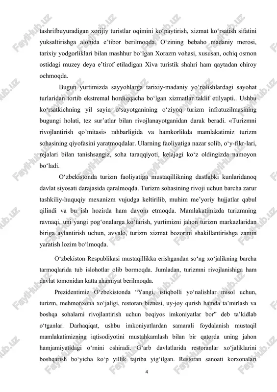 a ma’lumot berish; · turistik safarlarni tashkil etishda turistik firmalarning tutgan o‘rni va roli tushuntirish; i.bob. turizm sohasida xalqaro huquqiy va me’yoriy hujjatlar 1.1. turizm sohasida xavfsizlikni ta’minlash tamoyillari «turizm xavfsizligi» keng ma’noli tushuncha bo’lib, turizmda xavfsizlik turist va uning yuklarining xavfsizligi, turistik muhit qatnashchilarining muhim hayotiy qiziqishlarini ichki va tashqi xavflardan hamda turizm rivojlanishida atrof-muhitni salbiy omillardan himoyalanganligi tushuniladi. turizmdagi xavfsizlik – bu turist hayoti va sog’lig’ini saqlash maqsadida hamda unga va atrof-muhitga (jamoaga, jamiyatga, davlatga, tabiatga) yetkazilgan zararlarni minimallashtirishga qaratilgan majmuali tadbirlardan iborat. dunyoda bo’lib o’tayotgan voqea, hodisalar xavfsizlik masalasi qanchalik muhimligini ko’rsatmoqda va bu yerda nafaqat mamlakat ichki tartibi, balki xalqaro darajada muvofiqlashtirish talab etiladi. turizmda xavfsizlikni ta’minlash borasidagi qarorlar turistik faoliyat sohasidagi qonunlarning asosiy tarkibiy qismi hisoblanadi. hozirgi paytda turizmda xavfsizlik masalasi quyidagi tamoyillar asosida ta’minlanadi: 1. milliy qonunlar, xalqaro huquqlar asosida turistlarni jo’natuvchi yoki qabul qiluvchi, davlat ularni himoya qilishi, panohiga olishi shart. mamlakatda xorijiy …