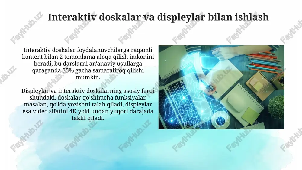oslashtirilgan individual rejalarni ishlab chiqadi. texnologiyalarga haddan tashqari bog'liqlik kamchilik bo'lishi mumkin. elektr ta'minoti uzilishlari yoki internetga ulanishning 99% pastligi o'quv jarayonini buzishi mumkin. muvaffaqiyatli aqlli o'quv loyihalari muvaffaqiyatli loyihalar faol oʻquvchilarni jalb qilish uchun gamifikatsiya elementlaridan, masalan, 7/24 soatlik virtual badjlar va ball tizimidan foydalanadi. ma'lumotlarni tahlil qilish orqali o'quv dasturlarini moslashtirish, masalan, 80% o'quvchilar uchun moslashtirilgan mashqlar, o'quv samaradorligini oshiradi. kelajakdagi tendentsiyalar va rivojlanish 2030-yilga kelib, moslashuvchan o'quv dasturlari va sun'iy intellektga asoslangan shaxsiy yordamchilarning keng tarqalishi o'quv jarayonini butunlay o'zgartiradi, natijada bilimlarni o'zlashtirish samaradorligi sezilarli darajada oshadi. metaverse texnologiyasi ta'limda 3d virtual muhitlarni yaratish imkonini beradi, bu esa talabalarga tarixiy voqealarni vizual tarzda boshdan kechirish yoki murakkab ilmiy tajribalarni simulyatsiya qilish orqali o'rganishga yordam beradi. e'tiboringiz uchun rahmat image3.jpg image4.jpg image5.jpg image6.jpg image7.jpg image8.jpg image9.jpg image10.jpg image11.jpg image12.jpg image13.jpg image14.jpg image15.jpg image16.jpg image17.jpg image18.jpg image19.jpg image1.png