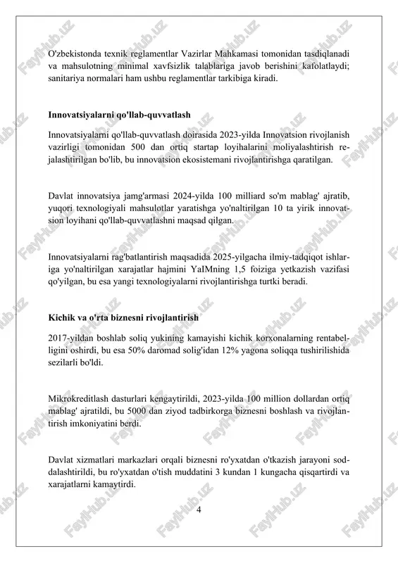 ahalliy xomashyoni qayta ishlash texnologiyalarini joriy etgan korxonalarga 50% subsidiyalar taqdim etilib, zamonaviy uskunalar importi rag'batlantiriladi. eksportni diversifikatsiya qilish eksportni diversifikatsiya qilish yangi mahsulotlar (masalan, yuqori texnologiyali uskunalar) ishlab chiqarishni rag'batlantiradi, bu esa 25% ga qo'shimcha qiymat yaratishga olib keladi. bu strategiya 5 yil ichida eksport bozorlarining geografiyasini kengaytirishni maqsad qiladi, bunda osiyo va afrika davlatlariga 30% ga ko'proq yo'naltiriladi. sanoat korxonalari uchun eksportni diversifikatsiya qilish dasturlari orqali 15% lik subsidiyalar ajratiladi, bu esa ularning raqobatbardoshligini oshiradi. kadrlar tayyorlash tizimini takomillashtirish ishlab chiqarish amaliyoti bilan ta’limni integratsiyalash uchun dual ta’lim tizimi joriy etildi, bu esa bitiruvchilarning ishga joylashish darajasini oshiradi. kasbiy standartlar asosida modulli o’quv dasturlari ishlab chiqildi. bu dasturlar mehnat bozorining aniq talablariga javob beradi hamda moslashuvchanlikni ta'minlaydi. o’qituvchilarning malakasini oshirish maqsadida xorijiy davlatlarning yetakchi o’quv markazlarida stajirovka dasturlari tashkil etildi, bunda ilg’or tajribalar o’rganiladi. raqamlashtirish va avtomatlashtirish "raqamlashtirish orqali ishlab chiqarishda 15-20% gacha xarajatlarni kamaytirish mumkin, bu esa …