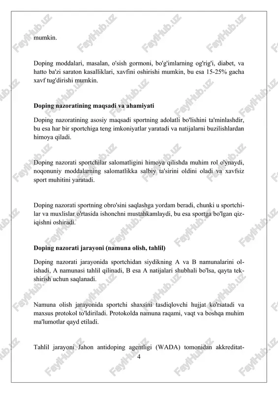 yangi dasturlar sportchilarni dopingga qarshi kurash qoidalari, jarayonlari va oqibatlari haqida xabardor qilishni maqsad qilgan. milliy antidoping tashkilotlari har yili 5000 dan ortiq sportchilarni qamrab olgan holda, sportchilarga qo'shimcha oziq-ovqatlar va dori vositalari xavfi haqida ma'lumot berishi shart. dopingga qarshi kurashdagi yangiliklar va tendentsiyalar 2024-yilda genetik dopingni aniqlash usullarini takomillashtirishga qaratilgan yangi tadqiqotlar boshlandi, bu esa sportchilarning genlarini o'zgartirish orqali dopingdan foydalanishning oldini olishga yordam beradi. so'nggi tendensiyalardan biri sportchilarni nazorat qilish uchun qon va siydik namunalaridan tashqari sochlarni tahlil qilish texnologiyasining kengayishi bo'lib, bu dopingni aniqlash muddatini 6 oyga uzaytiradi. yangi qoidalar sportchilarni dopingga qarshi kurash qoidalarini buzganliklari uchun 4 yilgacha diskvalifikatsiya bilan bir qatorda moliyaviy jarimalar bilan ham jazolashni ko'zda tutadi. doping holatlarini qanday xabar berish kerak doping holatlarini shubha qilsangiz, milliy antidoping tashkilotining maxsus ishonch telefoniga qo'ng'iroq qiling. qo'ng'iroq anonim bo'lishi mumkin, shuningdek, online ravishda ham xabar berishingiz mumkin. wada ning rasmiy veb-saytida 'report doping' bo'limi mavjud …