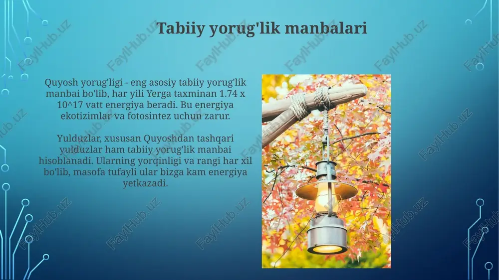 iyatni yaxshilaydi va 24 soatlik uyqu-uyg'onish siklini tartibga solib, mavsumiy affektiv buzilish (sad) xavfini kamaytiradi. sun'iy yorug'likdagi yuqori intensivlikdagi ko'k yorug'lik melatonin ishlab chiqarishni susaytirishi mumkin, bu esa uyqu sifatini yomonlashtiradi va uzoq muddatda 30% gacha surunkali kasalliklarga olib kelishi mumkin. energiya tejovchi yoritish yechimlari energiyani tejovchi yoritish uchun led lampalar 80-90% gacha kamroq energiya sarflaydi, shu bilan birga 25000 soatgacha xizmat qiladi, bu esa xarajatlarni sezilarli darajada kamaytiradi. aqlli yoritish tizimlari harakat sensorlari orqali foydalanilmayotgan joylarda yorug'likni avtomatik ravishda o'chiradi, natijada 30% dan ortiq energiya tejalishi mumkin. xulosa xulosa shuni ko'rsatadiki, tabiiy yorug'likning intensivligi 10,000 lyuksgacha yetishi mumkin, sun'iy yorug'lik esa faqat bir necha yuz lyuksgacha yetadi, bu farq muhim energiya tejash imkoniyatlarini ochib beradi. o'rganish natijalari shuni ko'rsatadiki, 75% hollarda tabiiy yorug'lik inson salomatligi uchun foydali, chunki u melatonin ishlab chiqarishni tartibga soladi, sun'iy yorug'lik esa ba'zi hollarda buzilishlarga olib kelishi mumkin. e'tiboringiz uchun rahmat image3.png image4.jpg image5.jpg …
