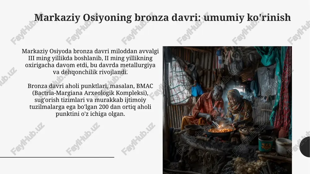 malga oshdi, bu esa qurollarning mustahkamligini oshirdi. irrigatsiya tizimlarining rivojlanishi miloddan avvalgi ix-viii asrlarda dehqonchilikda katta o'zgarishlarga olib keldi, bu esa aholi zichligini oshirdi va ijtimoiy tabaqalanishni kuchaytirdi. xulosa xulosa miloddan avvalgi 2-ming yillikda janubiy tojikistonda, vaxsh vodiysida joylashgan boʻlib, er osti nekropol tuzilishi 120 metr kvadrat maydonga ega. xulosa manzilgohidan topilgan sopol buyumlar, tosh qurollar va bronza artefaktlari bu hududda miloddan avvalgi 17-15-asrlarda dehqonchilik rivojlanganligini ko'rsatadi. savollar va javoblar "savollar va javoblar" odatda "savol va javoblar" degan ma'noni anglatadi, bu 2 tomonlama muloqot shakli bo'lib, unda ma'lumot almashinuvi sodir bo'ladi. bronza davri aholi punktlari kontekstida "savollar va javoblar" arxeologlar tomonidan 100 dan ortiq artefaktlar haqida ma'lumot olish uchun qo'llanilishi mumkin. e'tiboringiz uchun rahmat image2.jpg image3.jpg image4.jpg image5.jpg image6.jpg image7.jpg image8.jpg image9.jpg image10.jpg image11.jpg image12.jpg image13.jpg image14.jpg image15.jpg image16.jpg image17.jpg image18.jpg