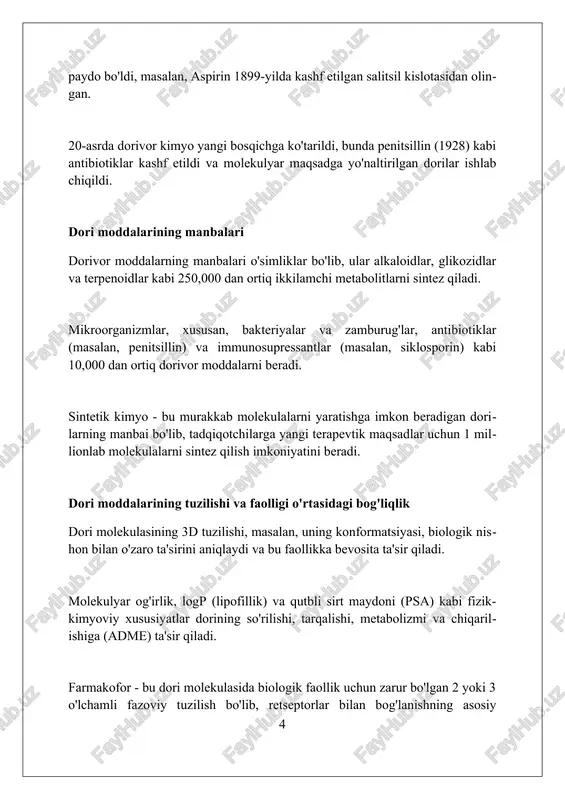 . virtual skrining 10000 dan ortiq molekulalarning potentsial faolligini aniqlash uchun katta ma'lumotlar bazalaridan foydalanadi. bu yangi dori vositalarini topishni tezlashtiradi. docking ballari asosida, virtual skrining top 1-5% molekulalarni aniqlab, ularni in vitro sinovlar uchun ajratib oladi. bu laboratoriya resurslarini 50 baravargacha tejashga yordam beradi. dori vositalarini optimallashtirish strategiyalari dori molekulalarini optimallashtirishda, farmakokinetik xususiyatlarni yaxshilash uchun, lipofillikni logp qiymatini maqsadli oraliqda sozlash orqali kamaytirish muhim hisoblanadi. farmakodinamikani optimallashtirish uchun, dori vositasining nishon oqsil bilan bog'lanishini oshirishga qaratilgan molekulyar docking va strukturaga asoslangan dizayn usullaridan foydalaniladi. nojo'ya ta'sirlarni kamaytirish maqsadida, dori vositalarining off-target ta'sirini baholash uchun in silico screening va selektivlikni oshirish strategiyalari qo'llaniladi. zamonaviy dorivor kimyo usullari yuqori o'tkazuvchanlik skriningi (hts) minglab birikmalarni tezda sinab, potentsial dorilar uchun maqsadlarni aniqlashda katta yordam beradi va vaqtni tejaydi. fragmentga asoslangan dori dizayni (fbdd) kichik molekulalar bo'laklarini aniqlaydi, ularni maqsadga bog'laydi va keyin 10-15 atomdan iborat optimal dorilarni yaratadi. in silico modellash va …