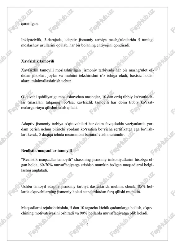a'lim rejasida (itp) ishtirok etishlari, maqsadlarni aniqlash va rivojlanishni baholashda muhim rol o'ynaydi. ota-onalar adaptiv jismoniy tarbiya dasturlarini uyda qo'llab-quvvatlashlari, mashqlar va ko'nikmalarni kundalik hayotga integratsiya qilishlari mumkin. oilaning 504-reja jarayonidagi faol ishtiroki, bolaning ehtiyojlari to'g'ri qondirilishini ta'minlaydi va muvaffaqiyatga erishish imkoniyatini oshiradi. adaptiv jismoniy tarbiya dasturlari adaptiv jismoniy tarbiya dasturlari, 1990-yildagi nogironligi boʻlgan amerikaliklar toʻgʻrisidagi qonunga muvofiq, nogiron oʻquvchilarning noyob ehtiyojlarini qondirish uchun tuzilgan rejalashtirilgan dasturlarni oʻz ichiga oladi. inkluzivlikni taʼminlash uchun adaptiv jismoniy tarbiya dasturlari oʻquvchilarning sensor, motor yoki kognitiv qobiliyatlaridagi individual farqlarni hisobga olgan holda modifikatsiyalangan mashqlarni oʻz ichiga oladi. oʻziga xos maqsadlar nogiron bolalar uchun qulay va xavfsiz muhitda harakat koʻnikmalarini, jismoniy fitnesni, sport koʻnikmalarini va ishonchni rivojlantirishni oʻz ichiga olishi mumkin. adaptiv jismoniy tarbiya sohasidagi mutaxassislar moslashuvchan jismoniy tarbiya bo'yicha mutaxassislar individual rejalarni ishlab chiqishda tibbiyot xodimlari bilan hamkorlik qilib, har bir o'quvchining 504-rejasiga moslashishni ta'minlaydi. ular erta aralashuv dasturlarida ishtirok etib, erta yoshdagi bolalarni …