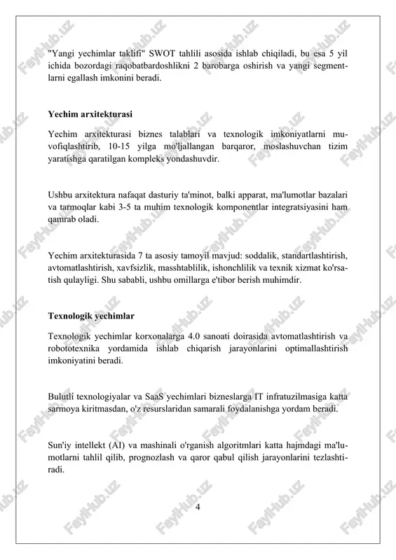 rga erishish darajasini ko'rsatadi; misol uchun, mijozlar ehtiyojini qondirish indeksi 90 ballik o'lchovda o'lchanadi. ishlab chiqarish jarayonida defektlar darajasi 2% dan kam bo'lishi kerak, bu sifatiy ko'rsatkich bo'lib, o'lchovlar orqali nazorat qilinadi va yaxshilanishga yo'naltiriladi. muloqot va hamkorlik muloqotda ikki tomonlama aloqa muhim, yaʼni fikrlarni yetkazish va qabul qilish 50/50 nisbatda boʻlishi kerak, aks holda tushunmovchiliklar kelib chiqishi mumkin. hamkorlik samaradorligi 80% ga yetishi uchun, sheriklar oʻrtasida aniq maqsadlar, mas'uliyatlar va resurslar taqsimoti belgilanishi shart. muloqot va hamkorlikda shaffoflik darajasi 95% dan yuqori boʻlishi, yaʼni barcha maʼlumotlar ochiq boʻlishi, ishonchni mustahkamlaydi va muvaffaqiyatga olib keladi. kelajakdagi istiqbollar sun'iy intellekt va avtomatlashtirish 2030-yilga borib ish joylarining 30 foizigacha ta'sir ko'rsatishi, yangi kasblar va malakalarga talabni oshirishi kutilmoqda. yashil texnologiyalar sohasida 2025-yilga kelib global investitsiyalar 3 trillion dollardan oshishi prognoz qilinmoqda, bu esa qayta tiklanuvchi energiya va barqarorlik sohalarida katta imkoniyatlar yaratadi. kiberxavfsizlik bozorining hajmi 2028-yilga kelib 300 milliard dollarga yetishi kutilmoqda, …