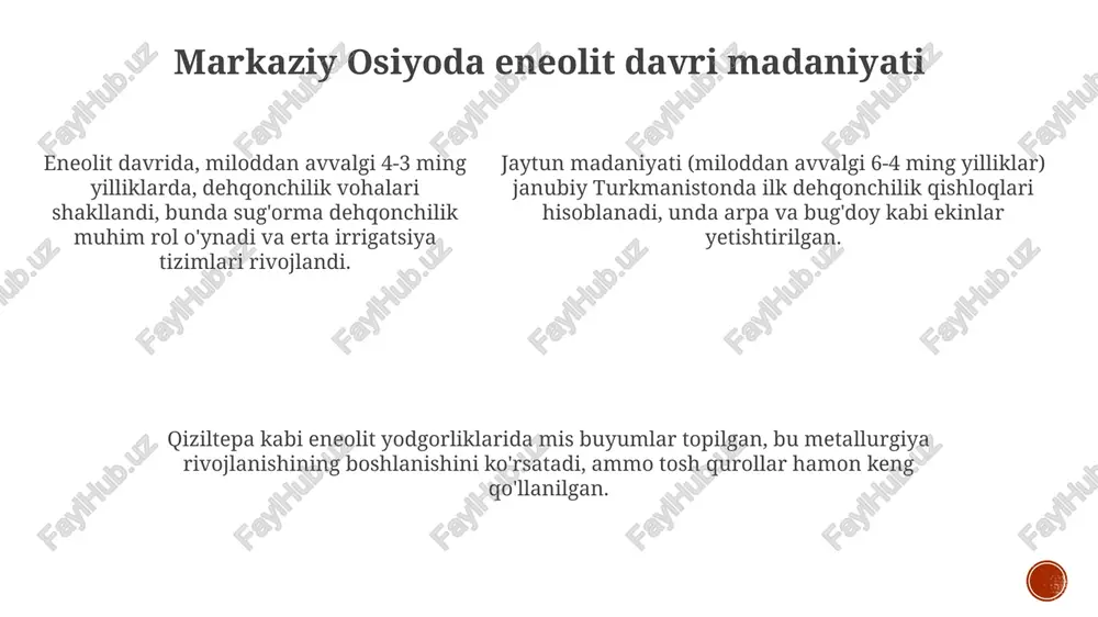 xosligini aks ettiradi. bu davr qabilalar o'rtasidagi savdo aloqalari rivojlanishiga turtki berdi. eneolit davri, miloddan avvalgi 4-3 ming yilliklarda metallurgiyaning boshlanishi bilan muhim. bu davrda misdan foydalanish qishloq xo'jaligi va hunarmandchilikda inqilob qildi. markaziy osiyoda eneolit davri aholisi dehqonchilik va chorvachilik bilan shug'ullanib, o'troq hayot tarziga o'tishdi. bu ijtimoiy tuzilmalarning murakkablashuviga olib keldi. xulosa xulosa shuni ko'rsatadiki, eneolit davrida markaziy osiyoda dehqonchilik va chorvachilikning erta shakllari rivojlanib, miloddan avvalgi 4-3 ming yilliklarga oid turar-joylar paydo bo'lgan. markaziy osiyoning eneolit davridagi aholi punktlari xususida qilingan xulosalarda kulolchilik buyumlari va metallurgiya (mis) asboblaridan foydalanish madaniyatining keng tarqalgani aniq ko'rsatilgan. olib borilgan tadqiqotlarga ko'ra, eneolit davri aholi punktlarida ijtimoiy tabaqalanishning dastlabki belgilari bo'lgan bo'lishi mumkin, bu esa marosimlar va o'ziga xos dafn etish usullarida aks etgan. e'tiboringiz uchun rahmat image1.png image2.png image3.png image4.png image5.png image6.png