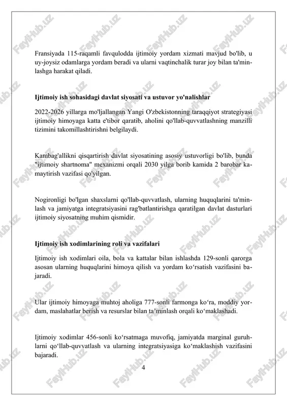 ladi, ularning vazifasi sog'liqni saqlash tizimini samaraliroq qilishdan iboratdir. jinoyatchilikning oldini olishda ijtimoiy ishning roli ijtimoiy ish oilaviy zo'ravonlik holatlarida 1990-yildagi 2 ta federal qonun bilan himoyalangan qurbonlarga yordam berish va agressorni reabilitatsiya qilishga qaratilgan. ijtimoiy ish xodimlari profilaktika dasturlarida ishtirok etadi, 16 yoshdan kichik bolalar uchun qonunbuzarlik xavfini kamaytirishda 2005 yilgi amaldagi qonunchilikka muvofiq. ijtimoiy ish reabilitatsiya jarayonlarida muhim ahamiyatga ega, ayniqsa, 2016-yildagi 3 ta asosiy kodeks bilan belgilangan huquqbuzarlarning ijtimoiy moslashuvini ta'minlashda. immigrantlar va qochqinlarga ijtimoiy yordam fransiyada qochqinlar uchun ofii orqali birinchi tibbiy ko'rikdan o'tish muhim, keyin tibbiy yordam olish imkoniyati mavjud, jumladan cmu-c dasturi bo'yicha sug'urta ta'minoti. qochqinlarga va muhojirlarga turar joy topishda yordam berish uchun ko'plab uyushmalar mavjud, masalan, cimade, ular turar joy masalalari bo'yicha huquqiy maslahatlar beradi. fransiyada muhojirlarga va qochqinlarga ijtimoiy yordam ko'rsatish uchun har yili davlat budjetidan katta miqdorda, taxminan 2 milliard yevro ajratiladi. fransiyada ijtimoiy ishning dolzarb muammolari va istiqbollari ijtimoiy …