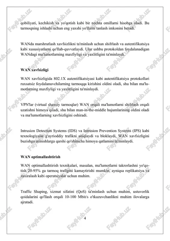 ilan doimiy, alohida aloqa yo'lini ta'minlaydi va o'zgaruvchan tarmoqlarga qaraganda ishonchlilikni oshiradi. xususiy liniyalar, shuningdek, 56 kbps dan gigabit tezligiga qadar bo'lgan turli xil ma'lumotlarni uzatish tezligini taklif qiladi, bu esa korxonalarga aniq tarmoq o'tkazuvchanligi talablariga javob beradigan optimal variantni tanlash imkonini beradi. ajratilgan liniyalar nuqtadan nuqtaga aloqa protokollarini qo'llab-quvvatlaydi, masalan, frame relay va atm (asynchronous transfer mode), maxsus tarmoq topologiyalari uchun xavfsiz va bashoratli ma'lumotlar yo'lini ta'minlaydi. wan monitoringi wan monitoring 95-foiz ishlash kafolatini ta'minlash uchun uzilish vaqtini aniqlashda hal qiluvchi ahamiyatga ega, bu biznesning kritikal dasturlari barqarorligini ta'minlashga yordam beradi. uzoq masofali tarmoqlar monitoringi qos ko'rsatkichlarini baholash uchun muhim ahamiyatga ega, paket yo'qolishi va kechikishni kamaytirishga qaratilgan strategiyalarni amalga oshirish orqali foydalanuvchi tajribasini yaxshilaydi. wan monitoringi ma'lumotlari 100 gbps tezlikka ega liniyalarni tekshirishda muhim rol o'ynaydi, bu esa resurslarni optimallashtirish uchun trafik tendensiyalari va potentsial to'siqlarni aniqlash imkonini beradi. wan muammolarini bartaraf etish wan muammolarini bartaraf etishda qos …