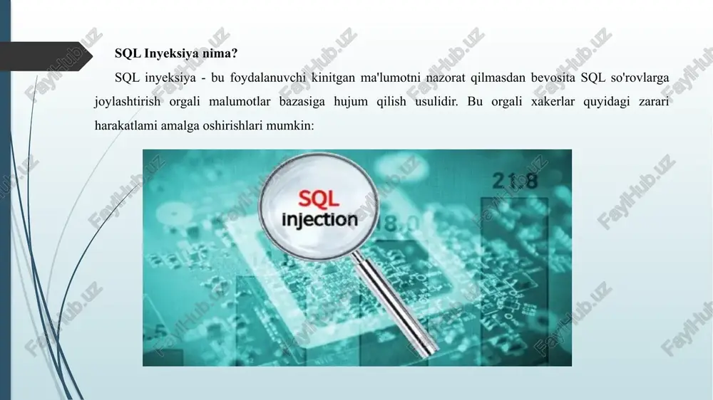 ashhur qo‘llanma.) 4.“sql injection attacks and defense” — (mavzuga bag‘ishlangan kitoblar va amaliy qo‘llanmalar; himoya va ekspluatatsiya usullarini chuqurroq o‘rganish uchun). 5.ma’lumotlar bazalari vendorlarining rasmiy hujjatlari: mysql, postgresql, microsoft sql server, oracle — parametrizatsiya, tayyor bayonotlar va xavfsizlik amaliyotlari bo‘yicha rasmiy qo‘llanmalar. image1.png image2.png image3.png image4.png image5.png /docprops/thumbnail.jpeg