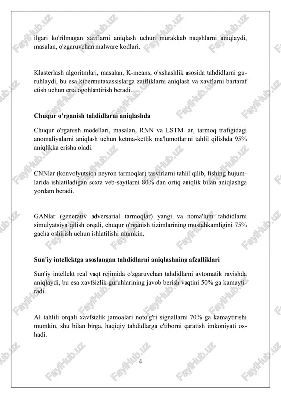 lgoritm samaradorligini oshirish uchun zarurdir. o'qitish jarayonida xatolik darajasini 5% dan kamaytirish uchun optimallashtirish usullari, masalan, gradient tushishi va ortga tarqalish qo'llaniladi. modelni tekshirish uchun 20% ma'lumot ajratiladi; aniqlik, aniqlik va f1 ball kabi metrikalar kamida 90% bo'lishi kerak. sun'iy intellektga asoslangan tahdidlarni aniqlash modelini baholash va joylashtirish modelning aniqligini baholashda, noto'g'ri ijobiy ko'rsatkichlar (fpr) 0.1% dan past bo'lishi kerak, bu esa noto'g'ri ogohlantirishlarni kamaytirish uchun juda muhim. modelni ishlab chiqarishga joylashtirishdan oldin, a/b sinovlari 30 kun davomida o'tkazilishi, soxta ijobiylik darajasini (false positive rate) 5% dan kam ekanligini tasdiqlashi lozim. joylashtirishdan so'ng, modelning ishlashi har chorakda qayta baholanishi, yangi tahdidlar paydo bo'lishi va modelning samaradorligini saqlab turishi uchun zarur. sun'iy intellektga asoslangan tahdidlarni aniqlashda avtomatlashtirish va javob berish ai-ga asoslangan avtomatlashtirish 95% aniqlik bilan tahdidlarni aniqlashi mumkin, bu esa odamlarning javob berish tezligini 50% ga oshiradi, shu bilan vaqtni tejaydi. avtomatlashtirish soxta signallarni 70% ga kamaytirishga yordam beradi, ai …