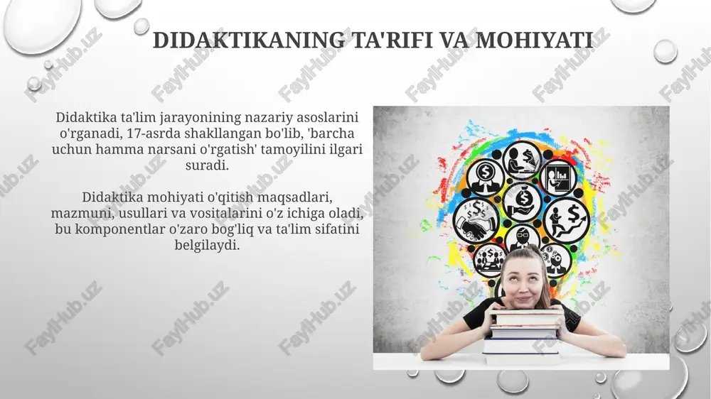 ika xvii asrda yan amos komenskiyning "buyuk didaktika" asari bilan mustaqil nazariya sifatida shakllandi, unda ta'limning umumiy qoidalari bayon etilgan. xix asrda iogann fridrix gerbartning ta'limiy psixologiyasi didaktikaga sezilarli ta'sir ko'rsatdi, u ta'lim jarayonini bosqichlarga bo'lishni taklif qildi. xulosa xulosa tadqiqotning yakuniy bosqichi boʻlib, unda olingan 3-5 asosiy natijalar qisqa va aniq shaklda bayon etiladi, masalan, 7 ta oʻquv modelining samaradorligi. xulosa matnda keltirilgan argumentlarning 80 foizini qamrab olgan holda, muammoning hal qilinish darajasini baholaydi hamda keyingi tadqiqotlar uchun 2-3 ta istiqbolli yoʻnalishni koʻrsatadi. e'tiboringiz uchun rahmat image4.png image2.png image5.jpg image6.jpg image7.jpg image8.jpg image9.jpg image10.jpg image11.jpg image12.jpg image13.jpg image14.jpg image15.jpg image16.jpg image17.jpg image18.jpg image19.jpg image20.jpg image21.jpg image3.png