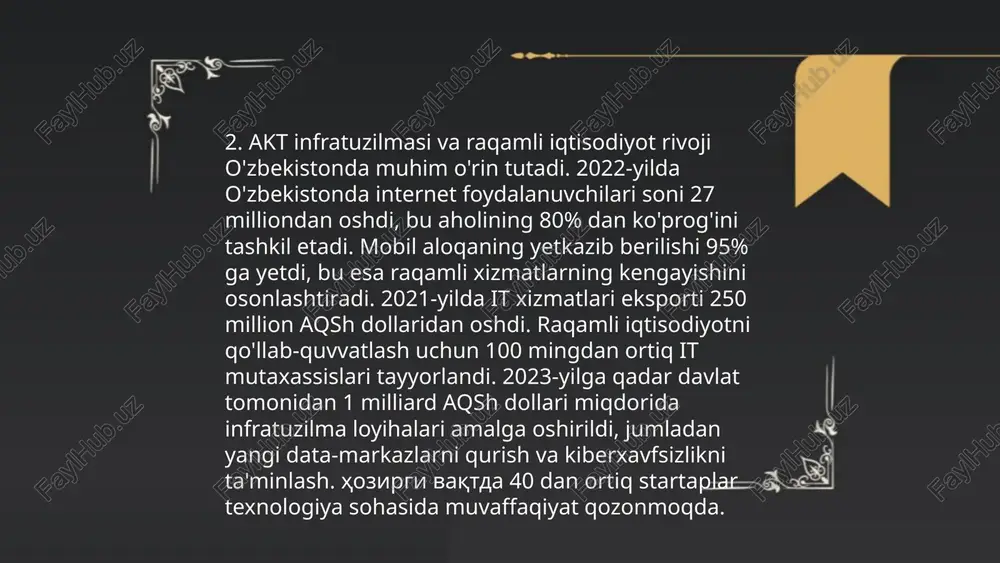 ariga sarflanayotgan mablag'ning katta qismi (70%-90%) yangi mijozlarni jalb qilishga yordam beradi. shuningdek, raqamli marketing vositalaridan foydalanish 2023 yilda 15-20% ga oshdi. raqamli iqtisodiyot va akt o'rtasidagi o'zaro bog'liqlik obidov bekzod e'tiboringiz uchun raxmat! image1.png image2.png image3.png image4.jpg image5.jpg image6.jpg image7.jpg /docprops/thumbnail.jpeg